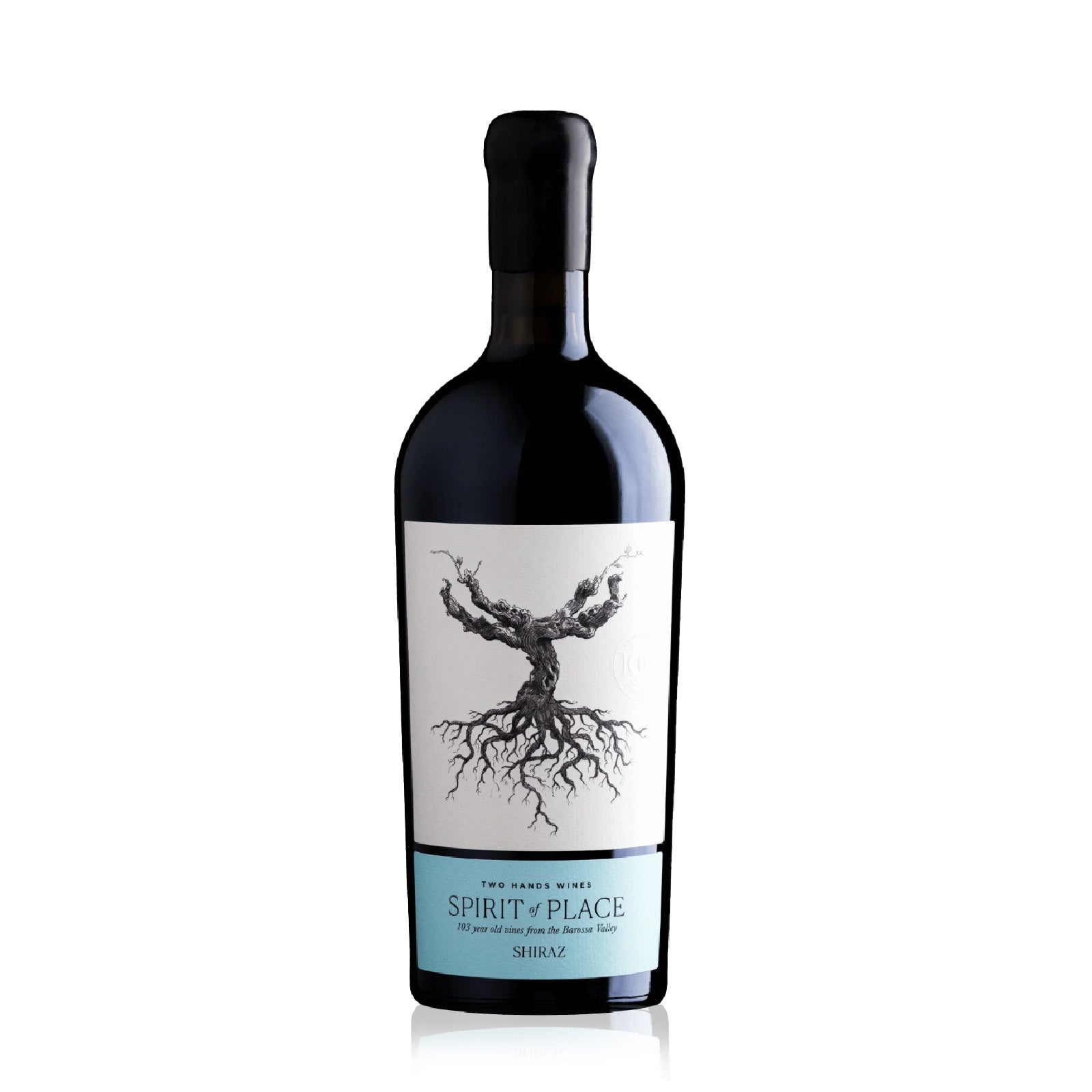 Wine bottle of Two Hands Wines Spirit of Place with a label featuring a tree design on a white background