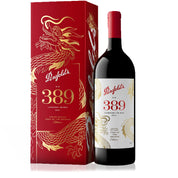 Penfolds Bin 389 Cabernet Shiraz magnum wine bottle and red packaging box with golden dragon designs.