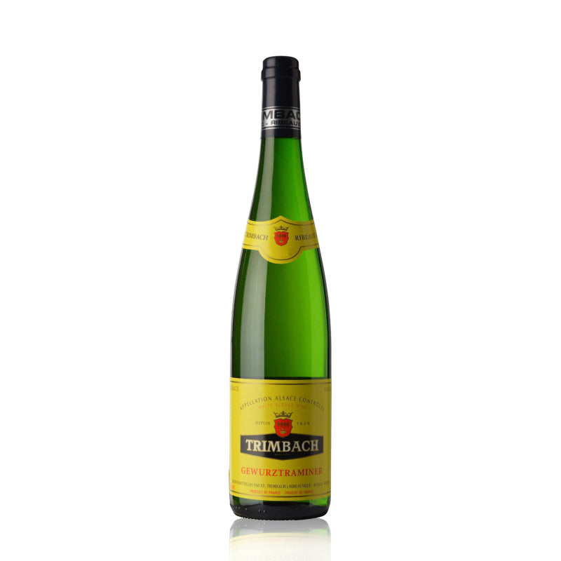 Trimbach Gewurztraminer 750ml, an aromatic Alsace white wine with lychee, rose, and spice notes, offering a rich texture and balanced finish.