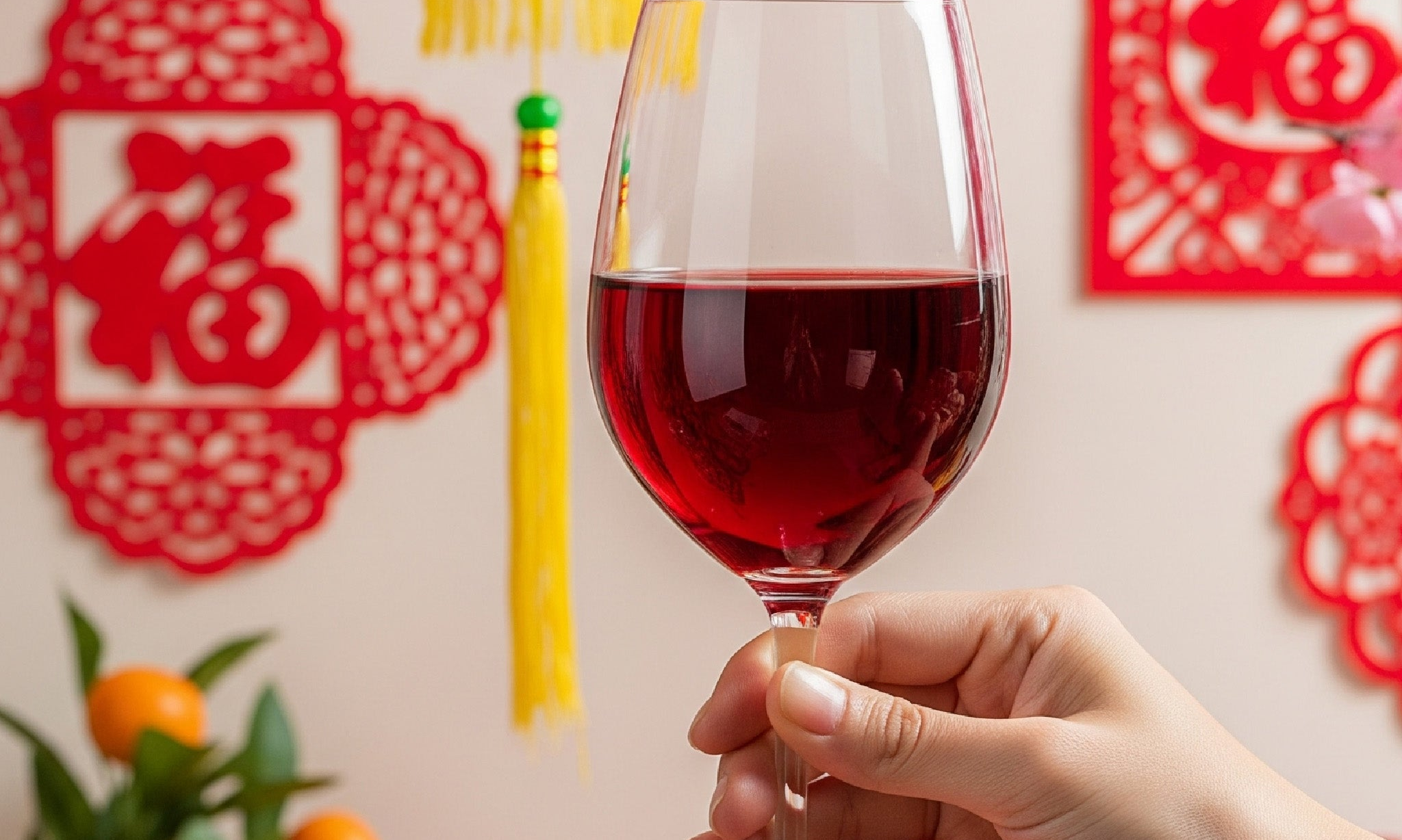 The image shows a hand holding a glass of red wine in front of the Chinese New Year decorations.
