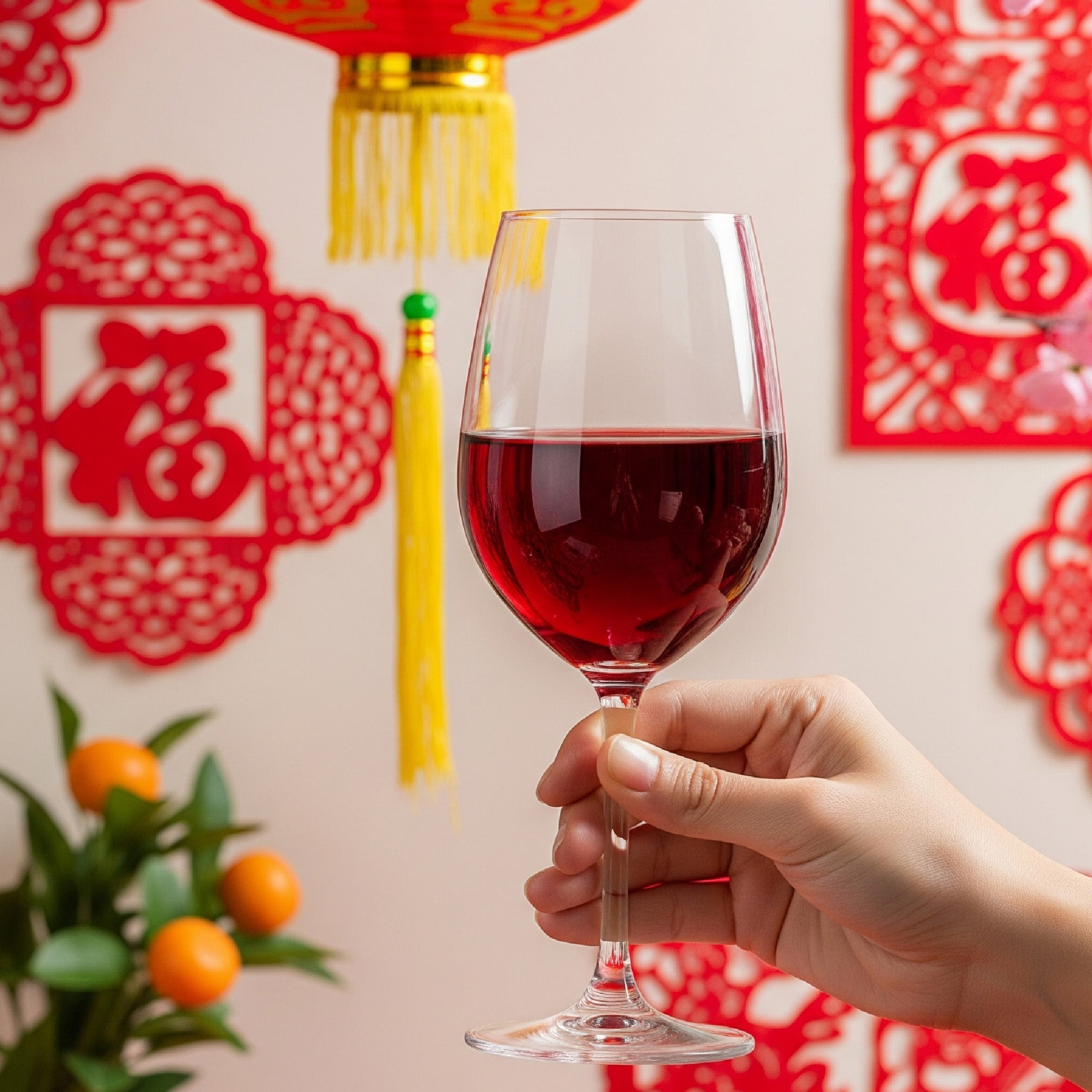 The image shows a hand holding a glass of red wine in front of the Chinese New Year decorations.