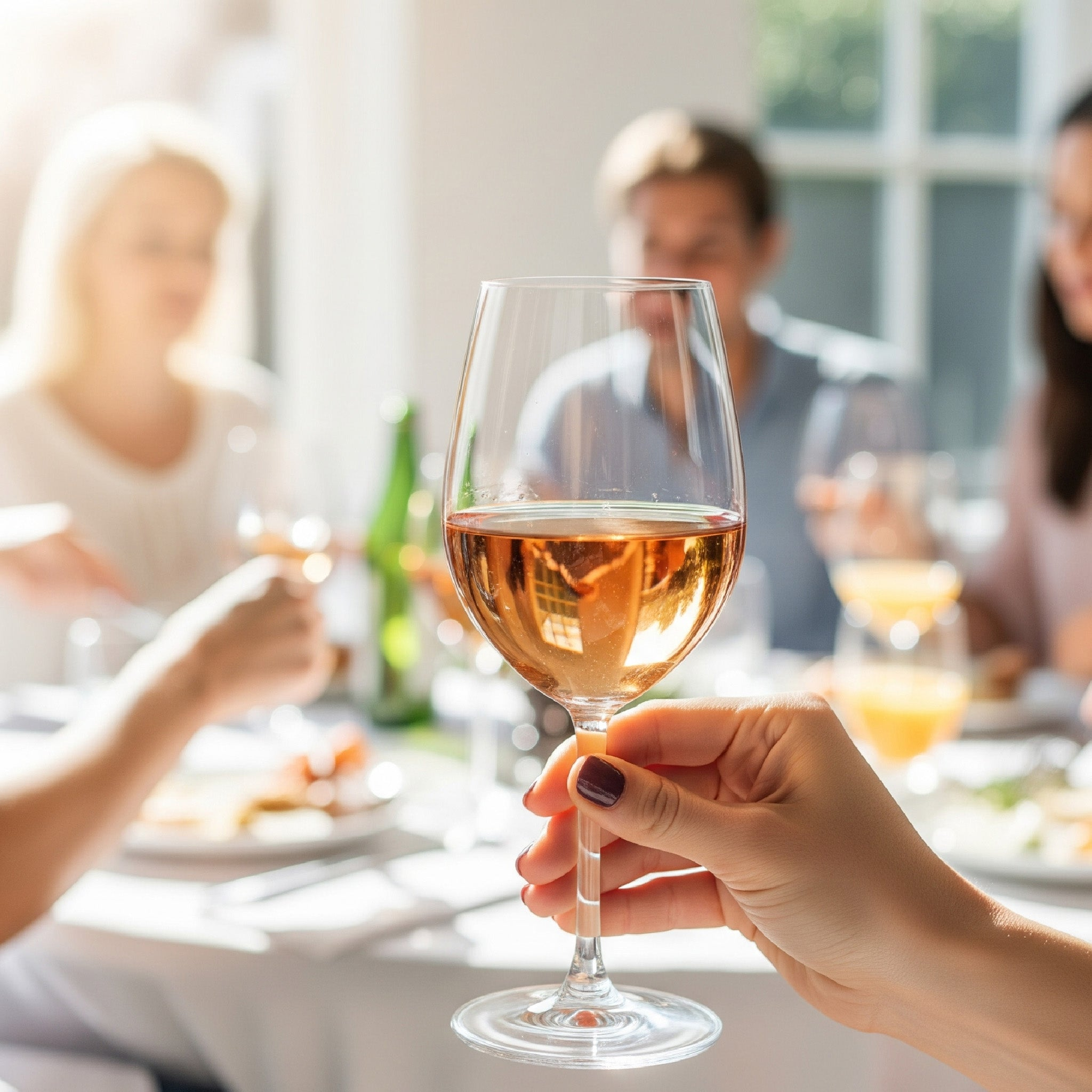 A person's hand holds a glass of rosé wine, with a blurred background showing people enjoying brunch in a light-filled room.