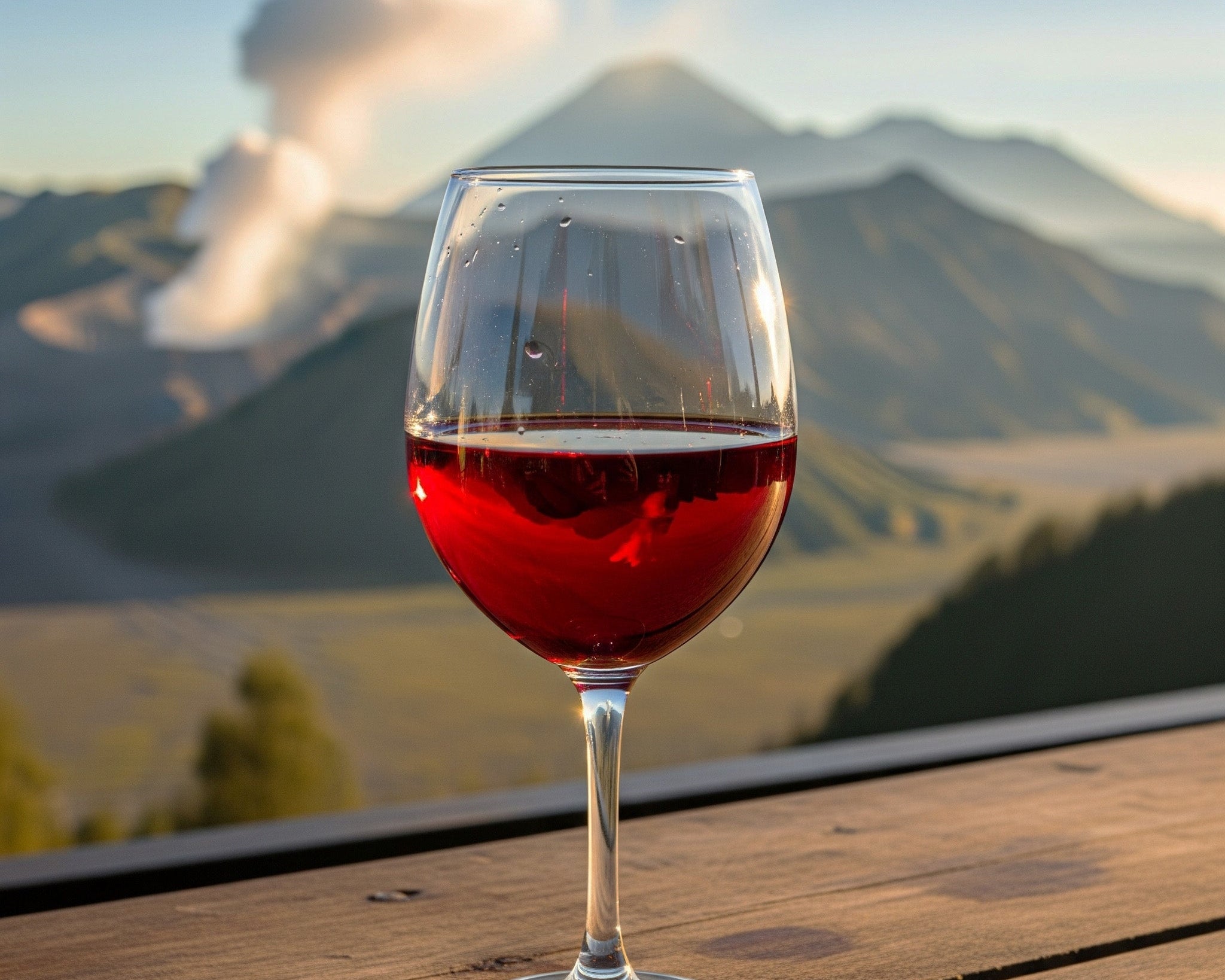 A vibrant, light-colored image shows a glass of red Shiraz wine on a wooden table. In the blurred background, an Indonesian volcano emits a plume of smoke under a clear sky, blending a sense of adventure with a moment of peaceful enjoyment.