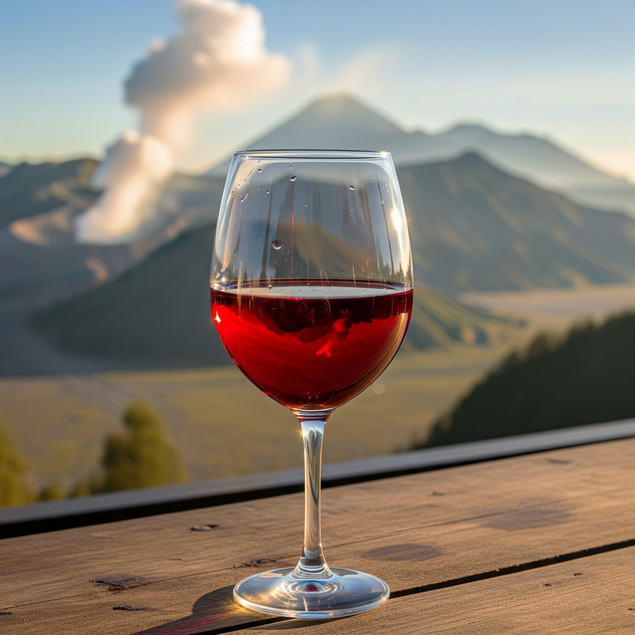 A vibrant, light-colored image shows a glass of red Shiraz wine on a wooden table. In the blurred background, an Indonesian volcano emits a plume of smoke under a clear sky, blending a sense of adventure with a moment of peaceful enjoyment.