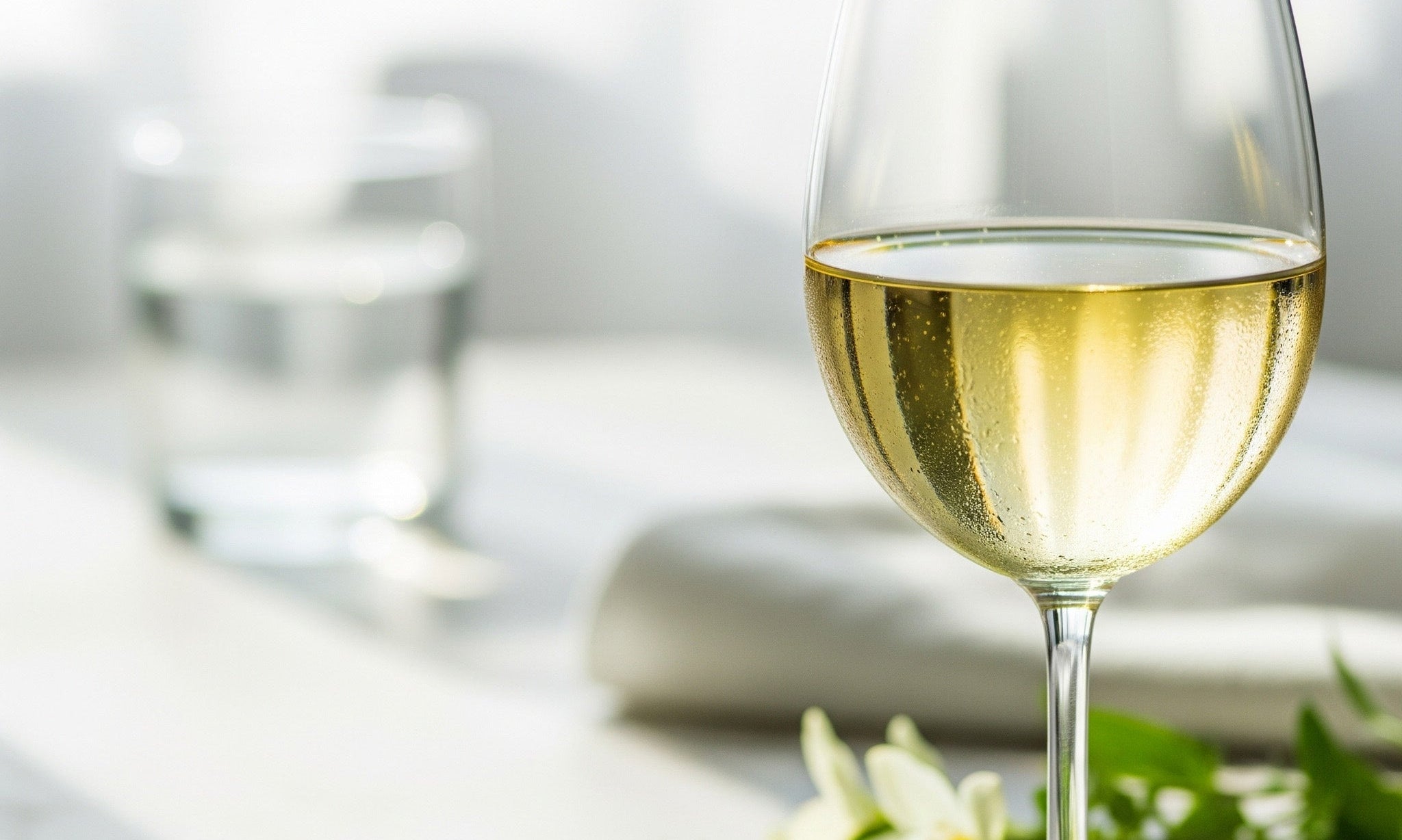 A chilled glass of white wine sits on a light-colored table, with a few small white flowers and green leaves nearby. 
