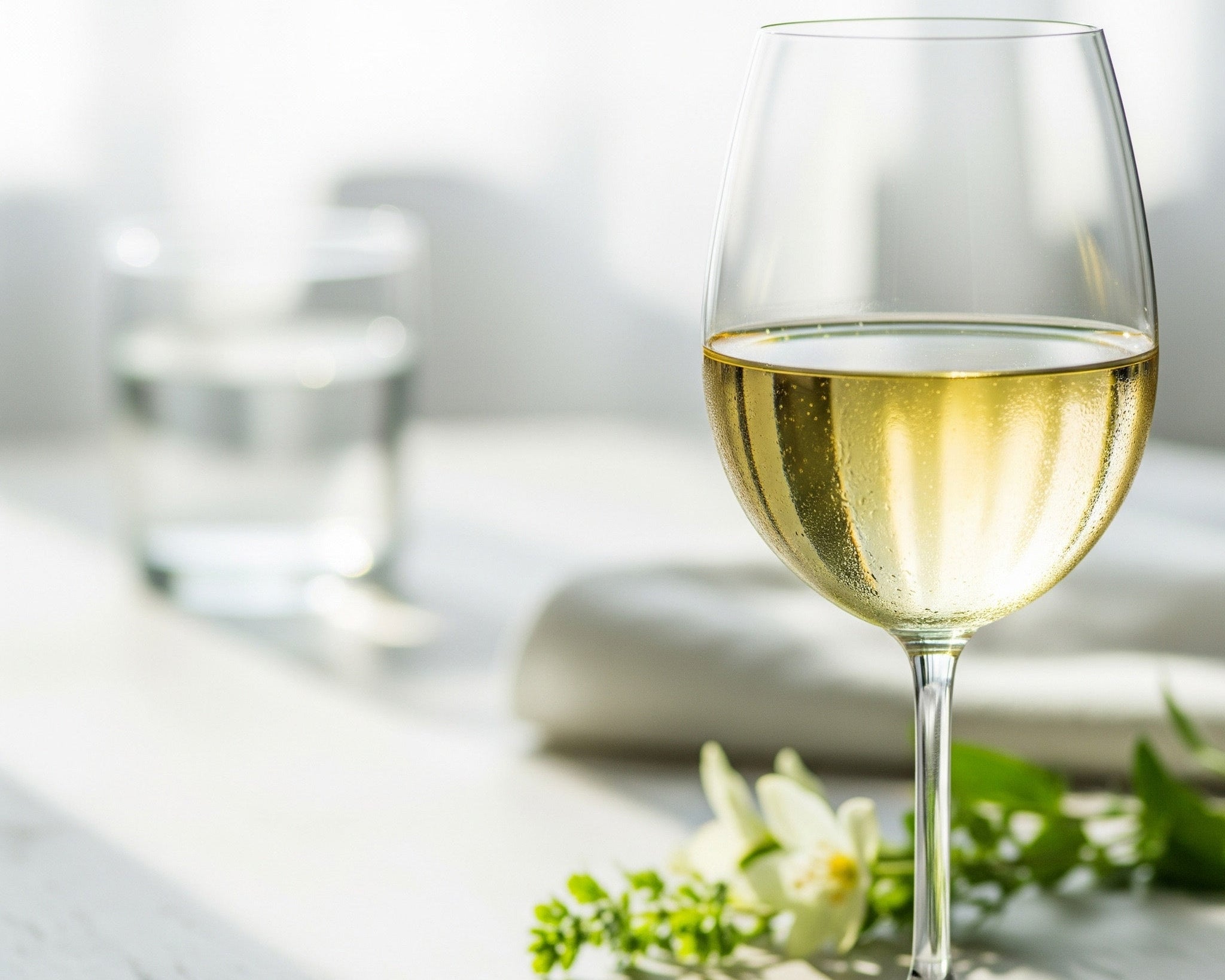 A chilled glass of white wine sits on a light-colored table, with a few small white flowers and green leaves nearby. 