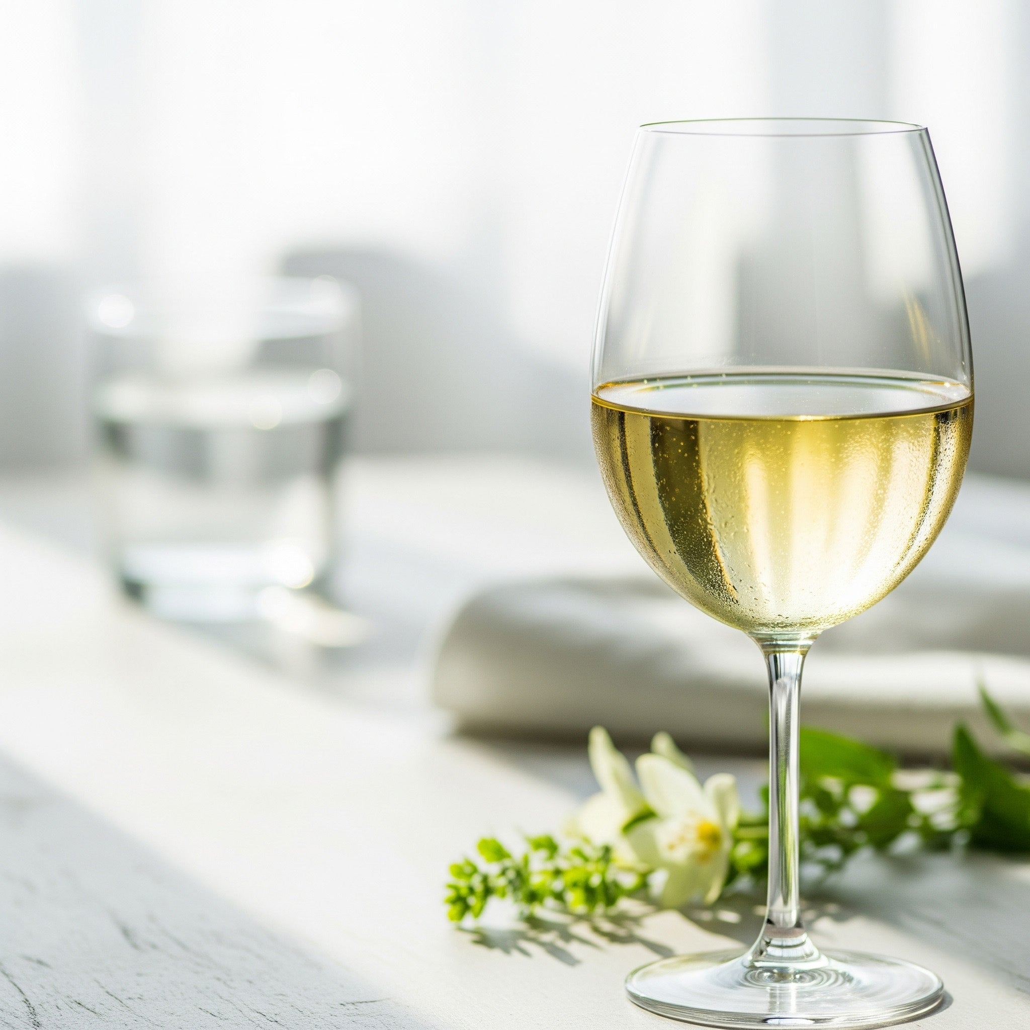 A chilled glass of white wine sits on a light-colored table, with a few small white flowers and green leaves nearby. 