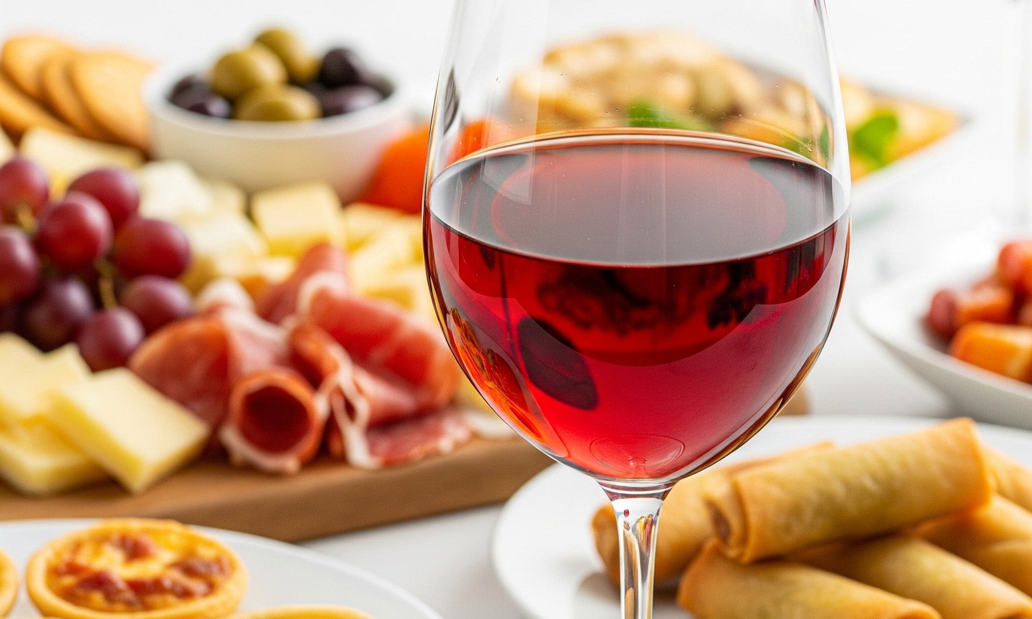 A light-colored image shows a glass of red wine in the foreground. In the background, out of focus, are various sharing platters of food, including a charcuterie board with cheese, grapes, and prosciutto, as well as plates of quiches and spring rolls.