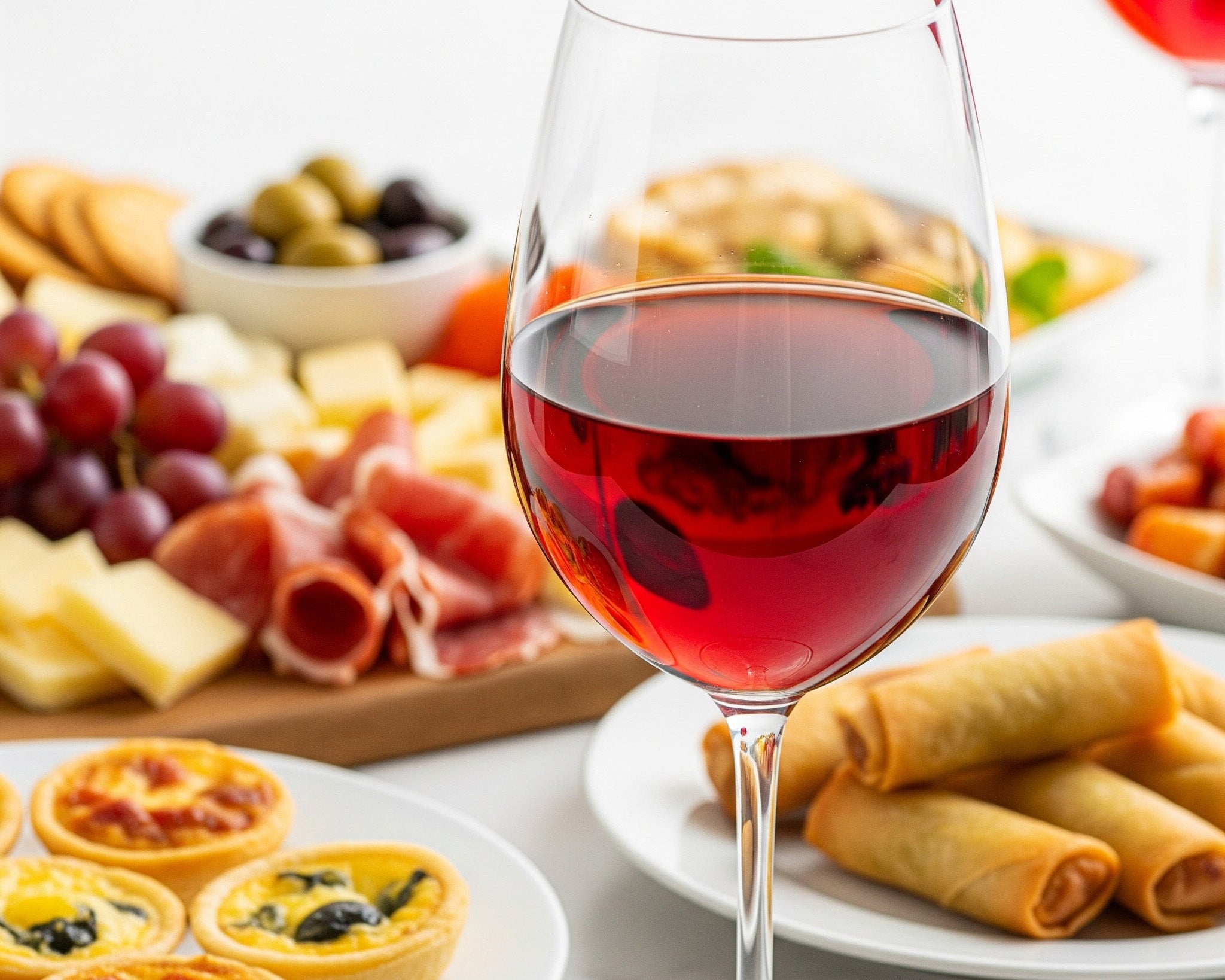 A light-colored image shows a glass of red wine in the foreground. In the background, out of focus, are various sharing platters of food, including a charcuterie board with cheese, grapes, and prosciutto, as well as plates of quiches and spring rolls.