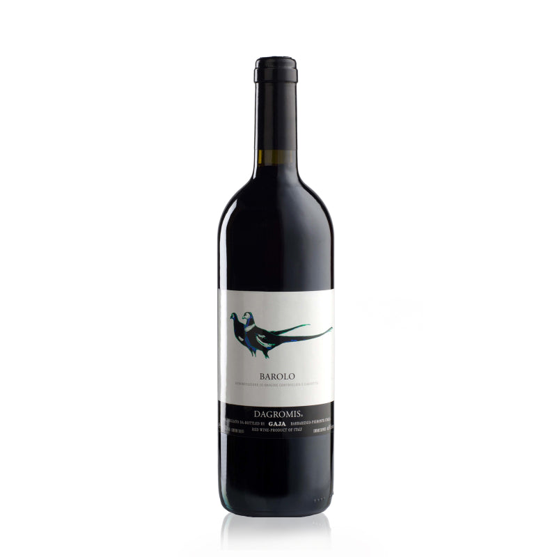 A bottle of Angelo Gaja Dagromis Barolo 2019 red wine with a deep ruby red color and a label featuring an illustration of a bird.