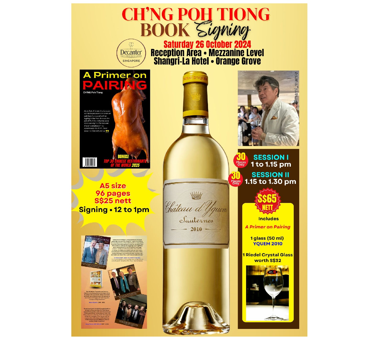 Promotional poster for a book signing event featuring a wine bottle and elements of the event details, set against a yellow background.
