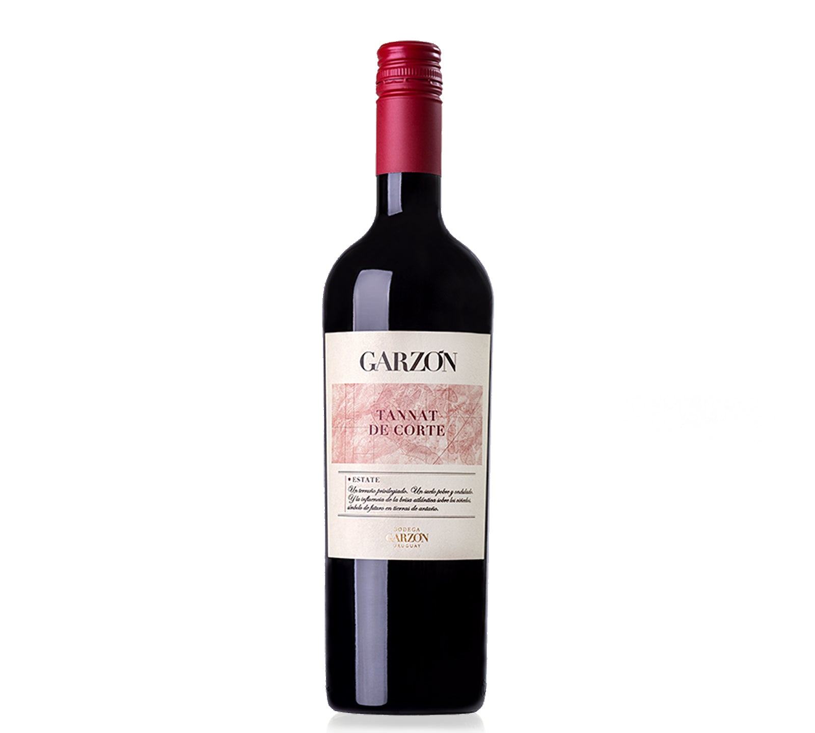 A bottle of Bodega Garzon Tannat de Corte red wine with a label displaying the brand name and variety, against a white background.