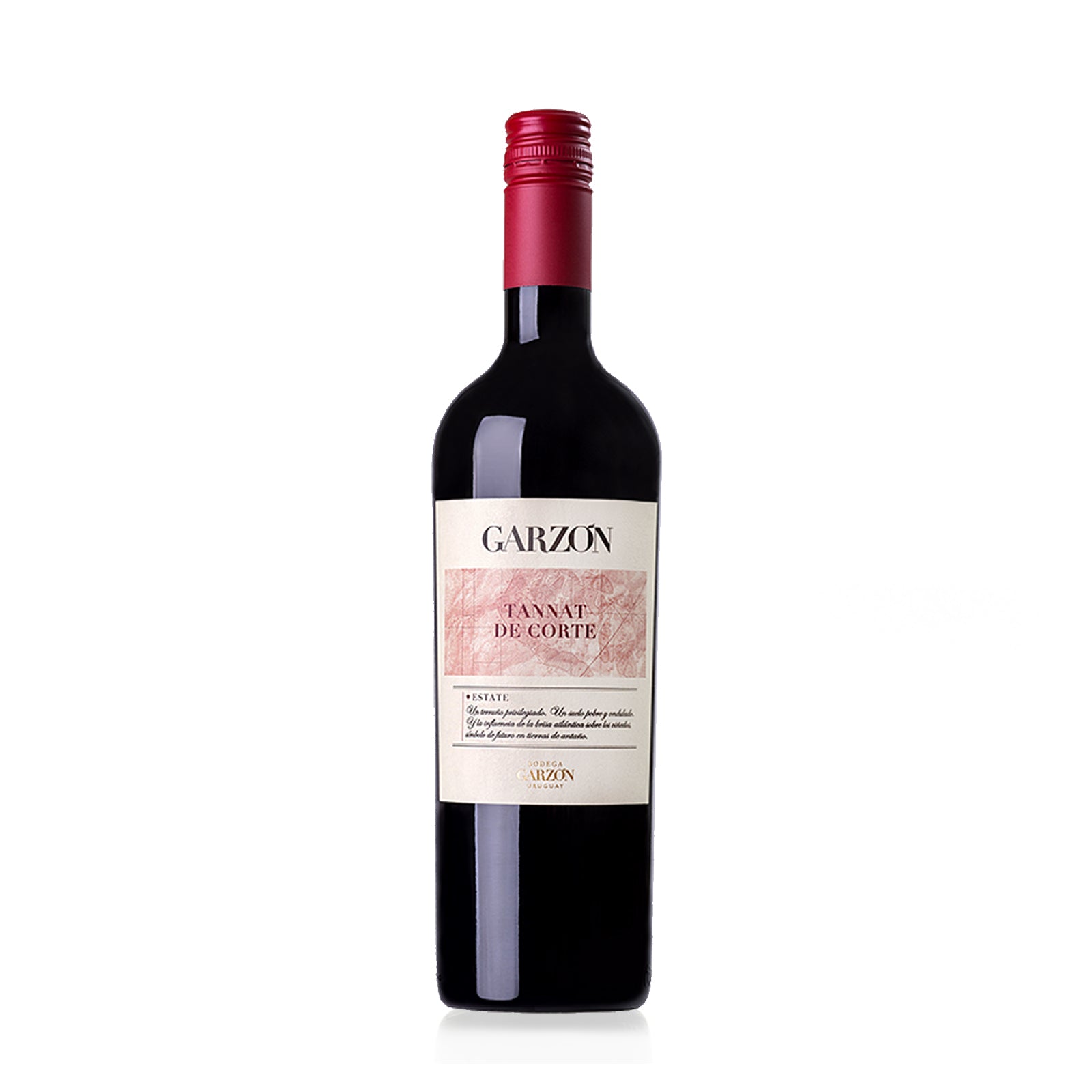 A bottle of Bodega Garzon Tannat de Corte red wine with a label displaying the brand name and variety, against a white background.