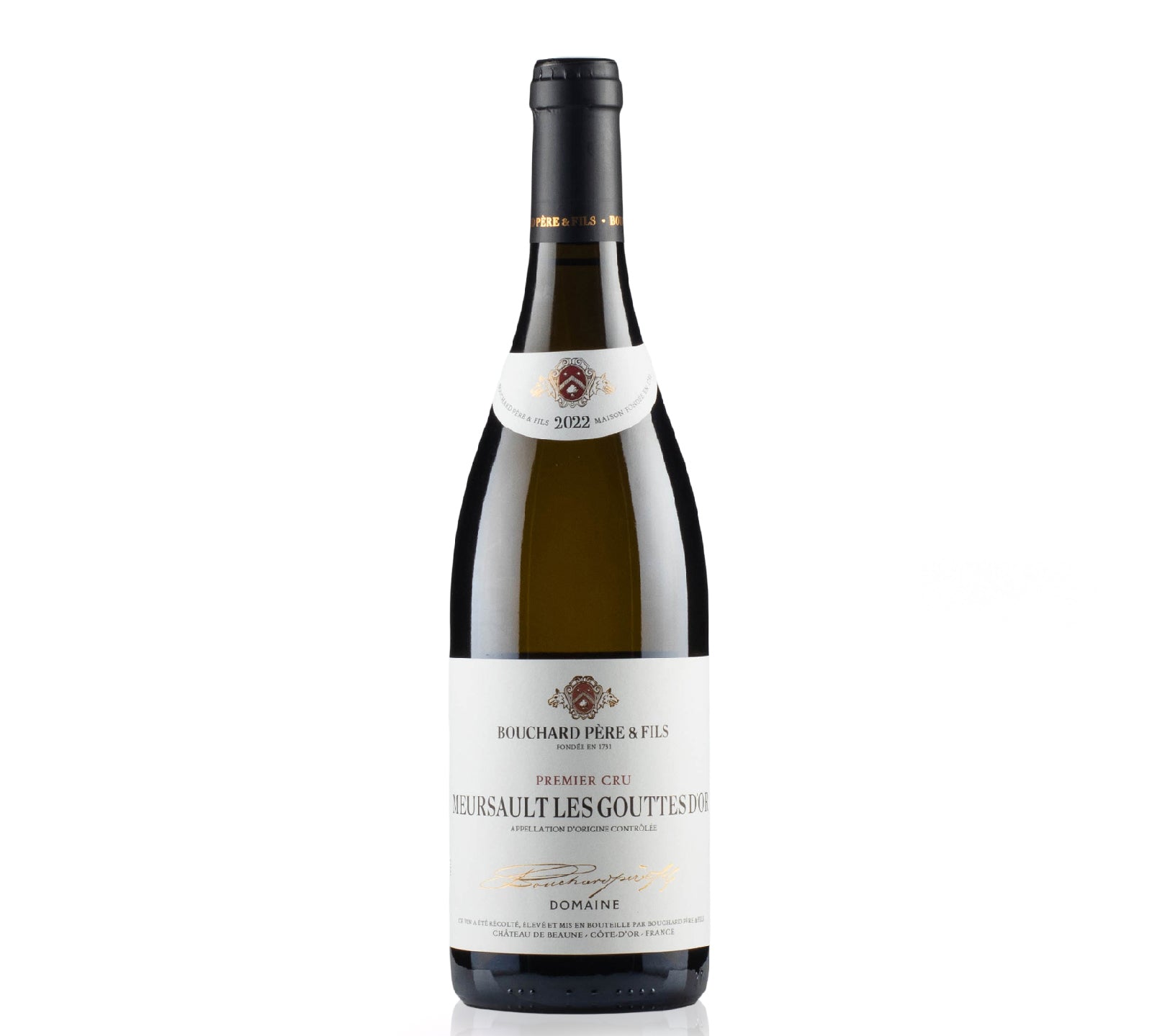 Bouchard Pere Fils Meusault Les Gouttes D'Or Premier Cru 2022 red wine bottle front view.