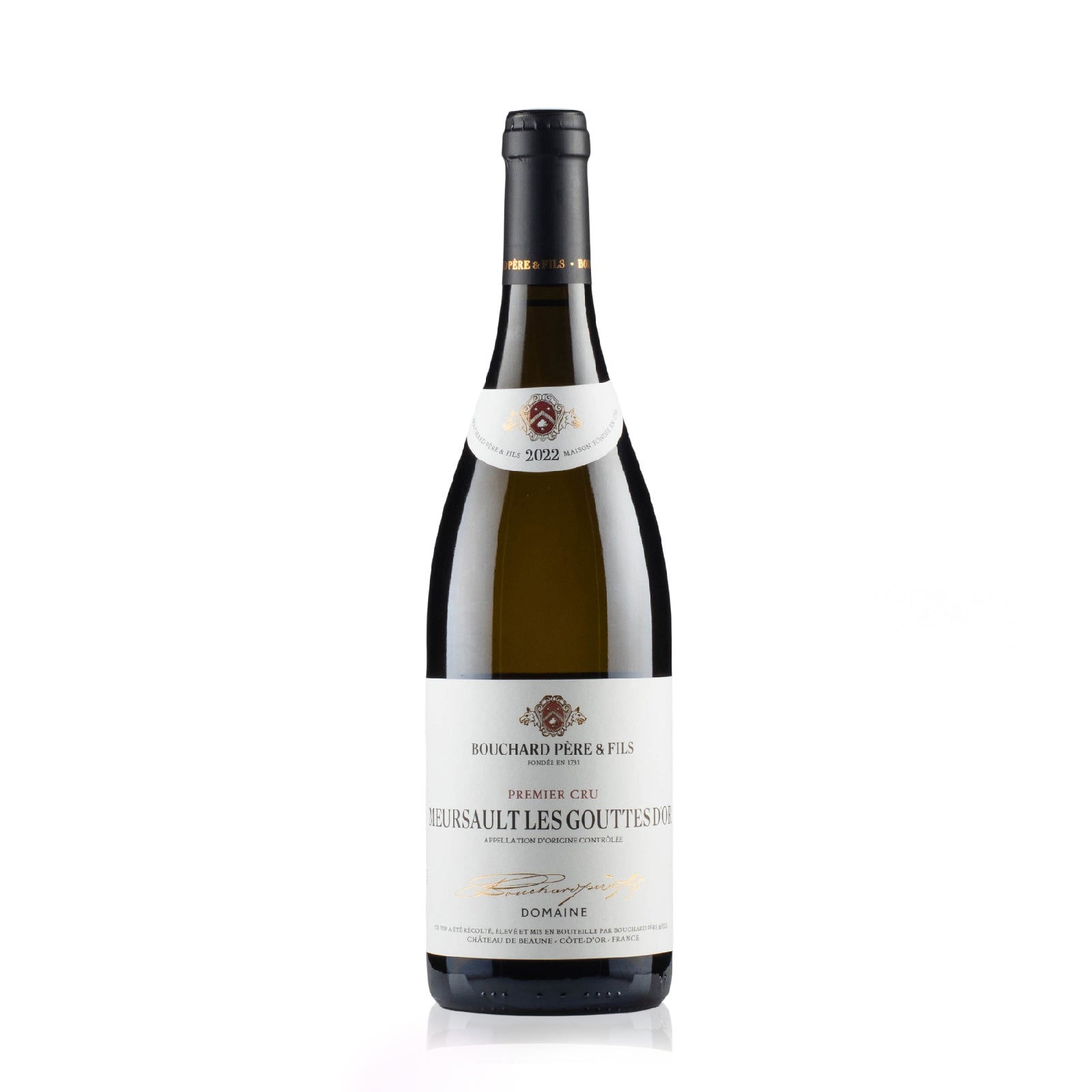 Bouchard Pere Fils Meusault Les Gouttes D'Or Premier Cru 2022 red wine bottle front view.