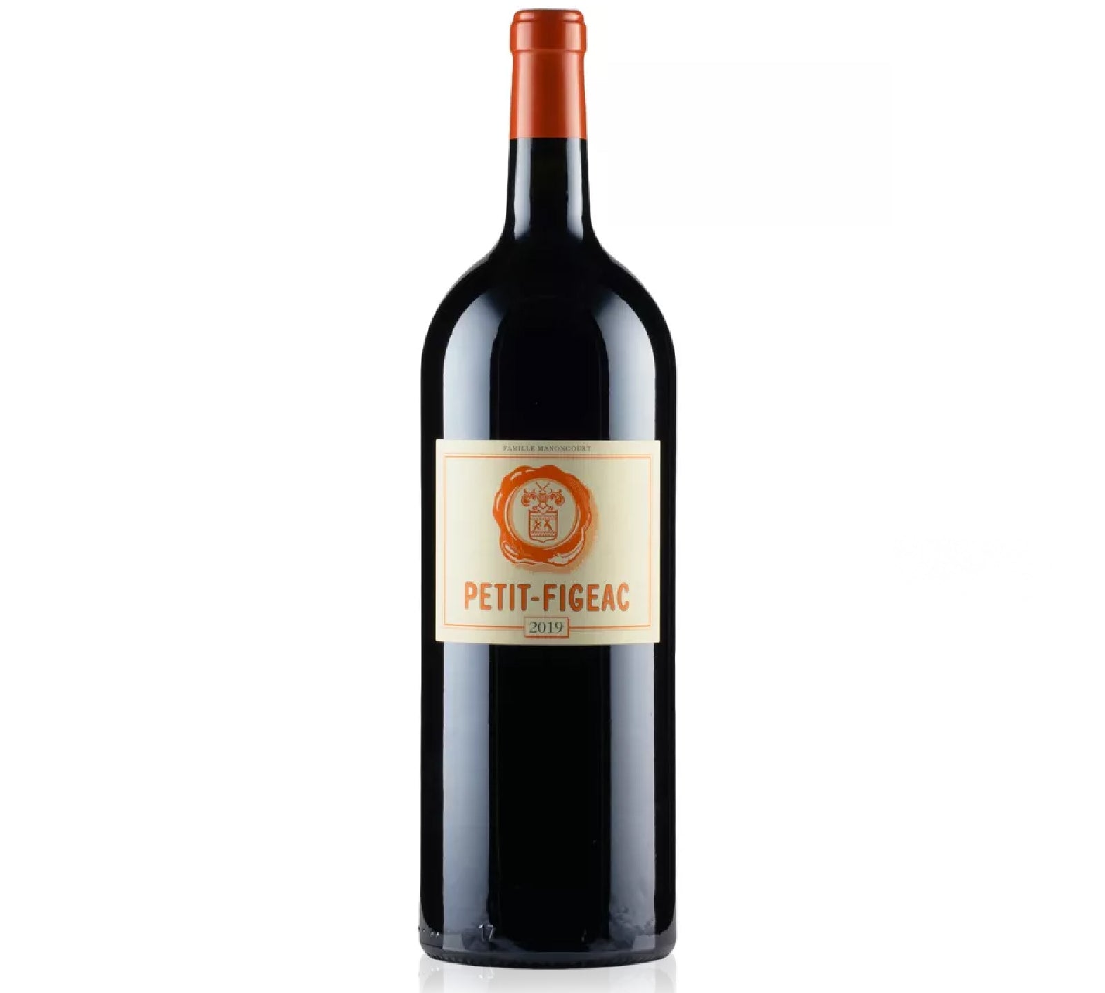 Bottle of Petit Figeac wine on a white background