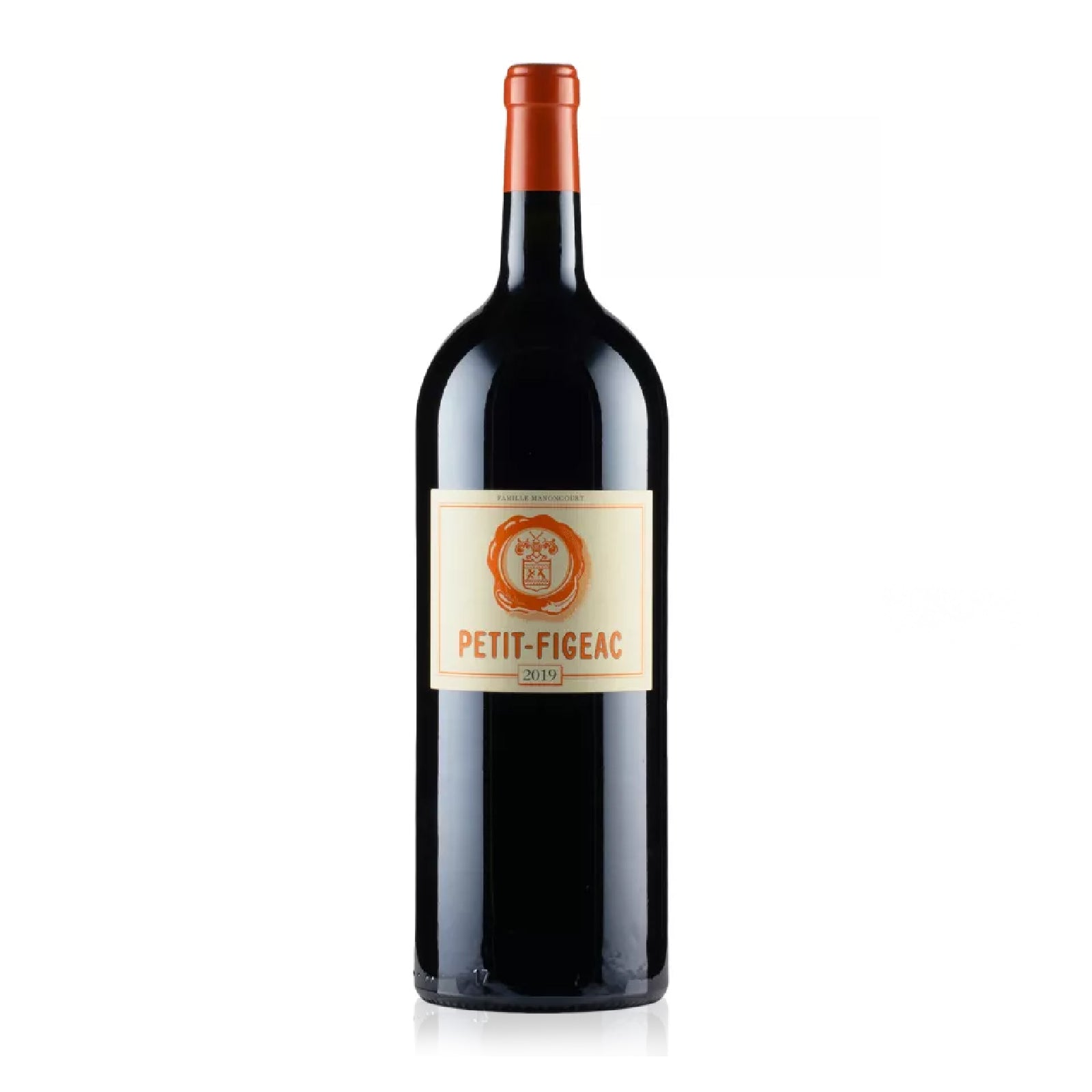 Bottle of Petit Figeac wine on a white background