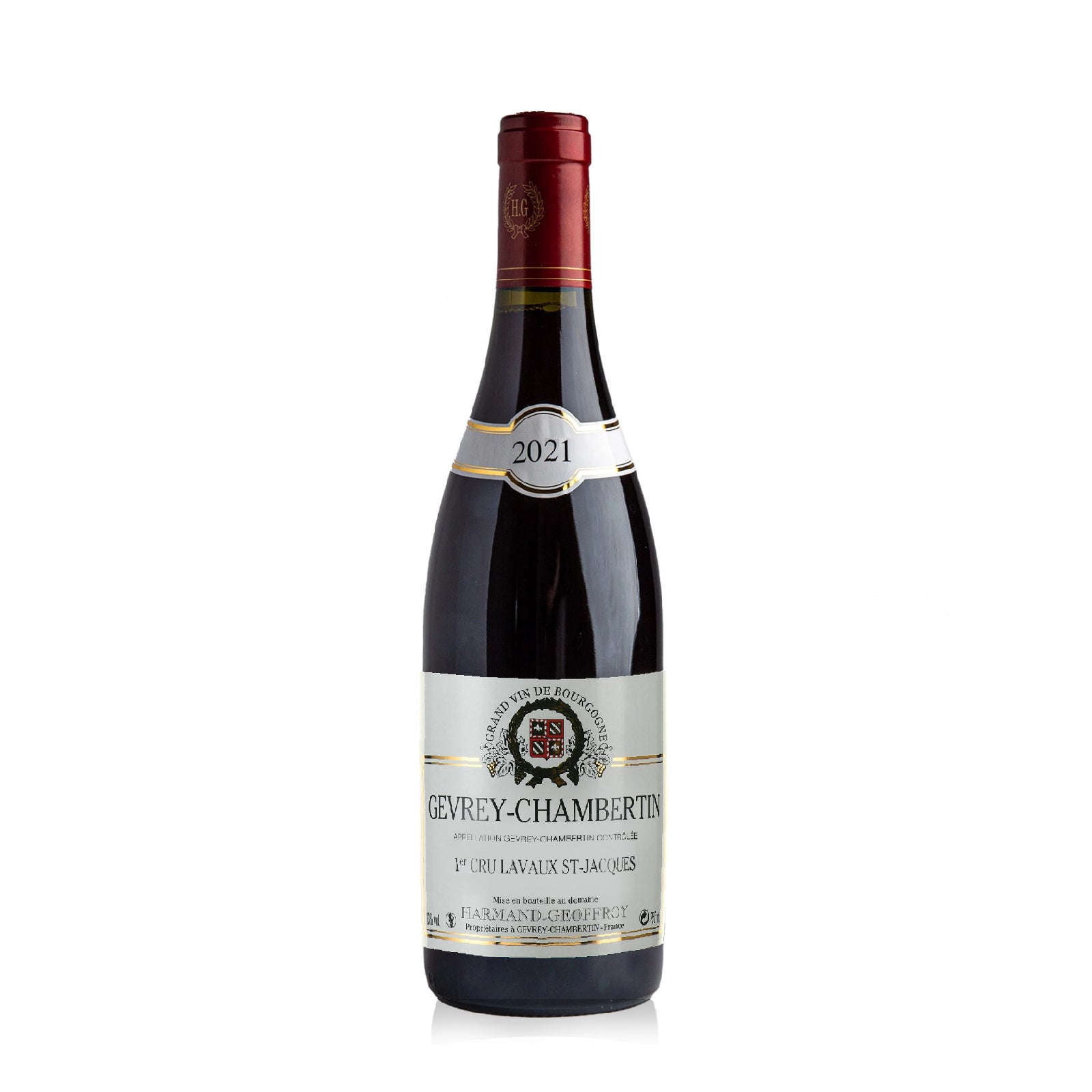 Red wine bottle labeled 'Gevrey-Chambertin' on a white background