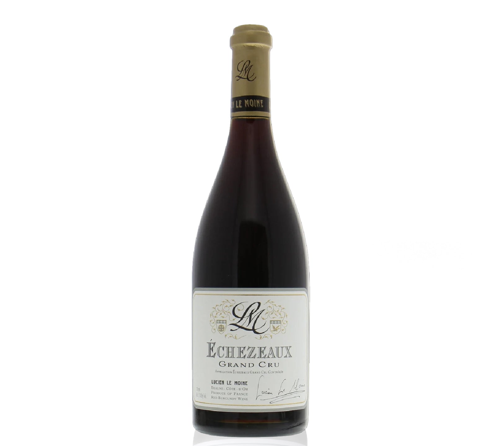 Wine bottle labeled 'Lucien Le Moine Echezeaux Grand Cru' on a white background.