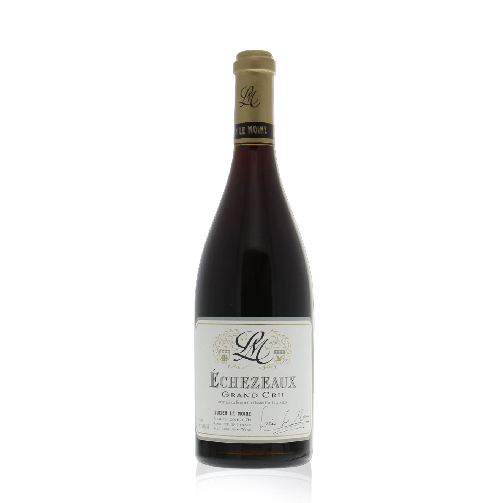 Wine bottle labeled 'Lucien Le Moine Echezeaux Grand Cru' on a white background.