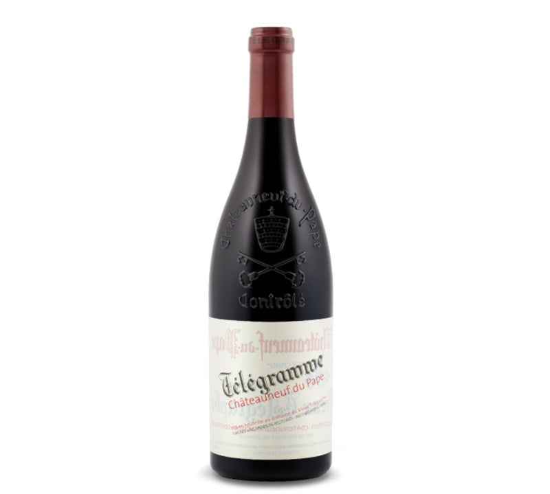 A bottle of Domaine Du Vieux Telegramme Chateauneuf-Du-Pape 2021 wine with a dark tint and a label that reads 'Telegramme'. The background is white.