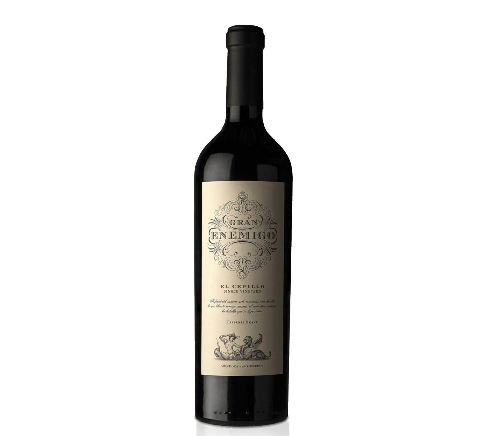 Bottle of El Enemigo Gran Enemigo Cepillo wine with a dark label and a illustration of a person holding a torch.