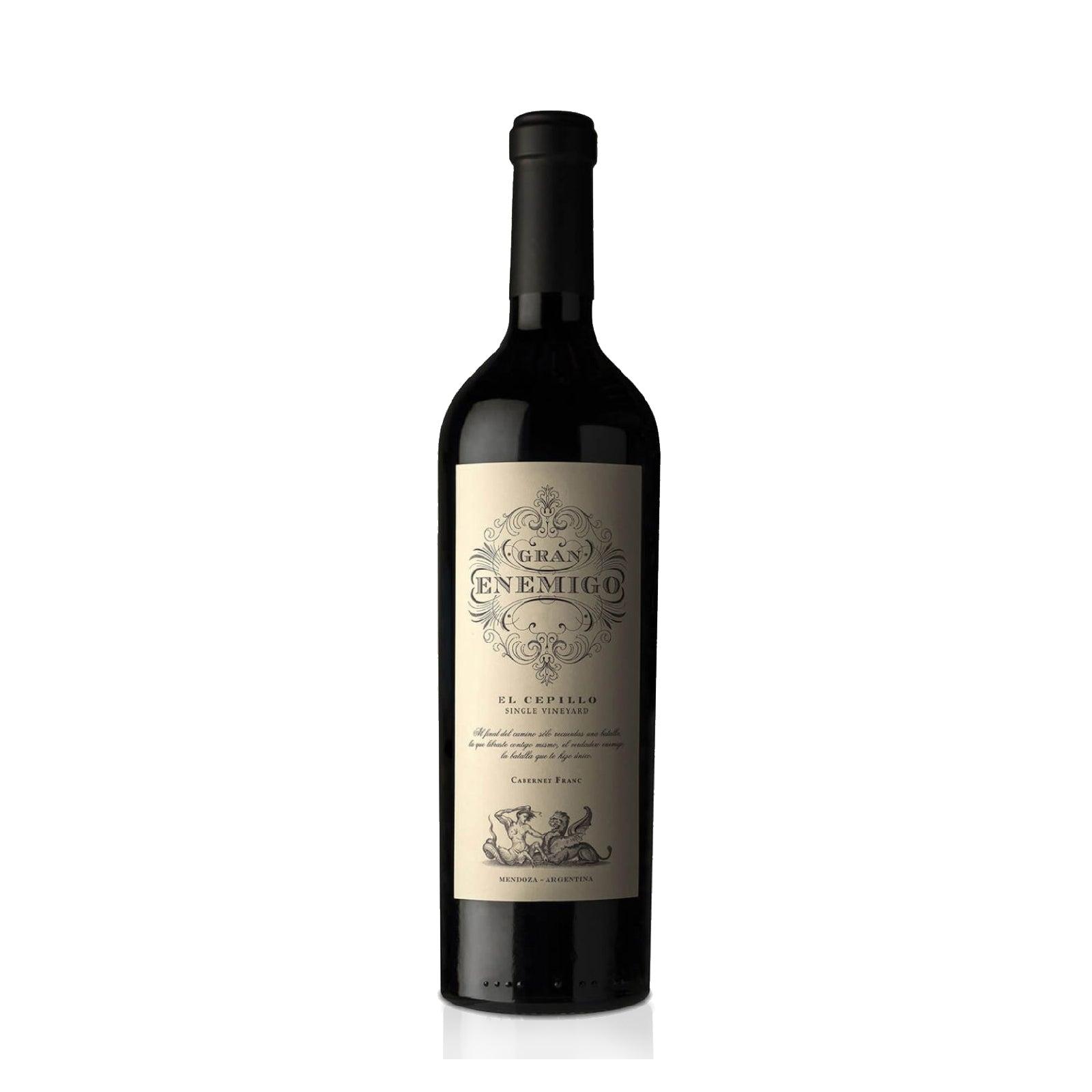 Bottle of El Enemigo Gran Enemigo Cepillo wine with a dark label and a illustration of a person holding a torch.