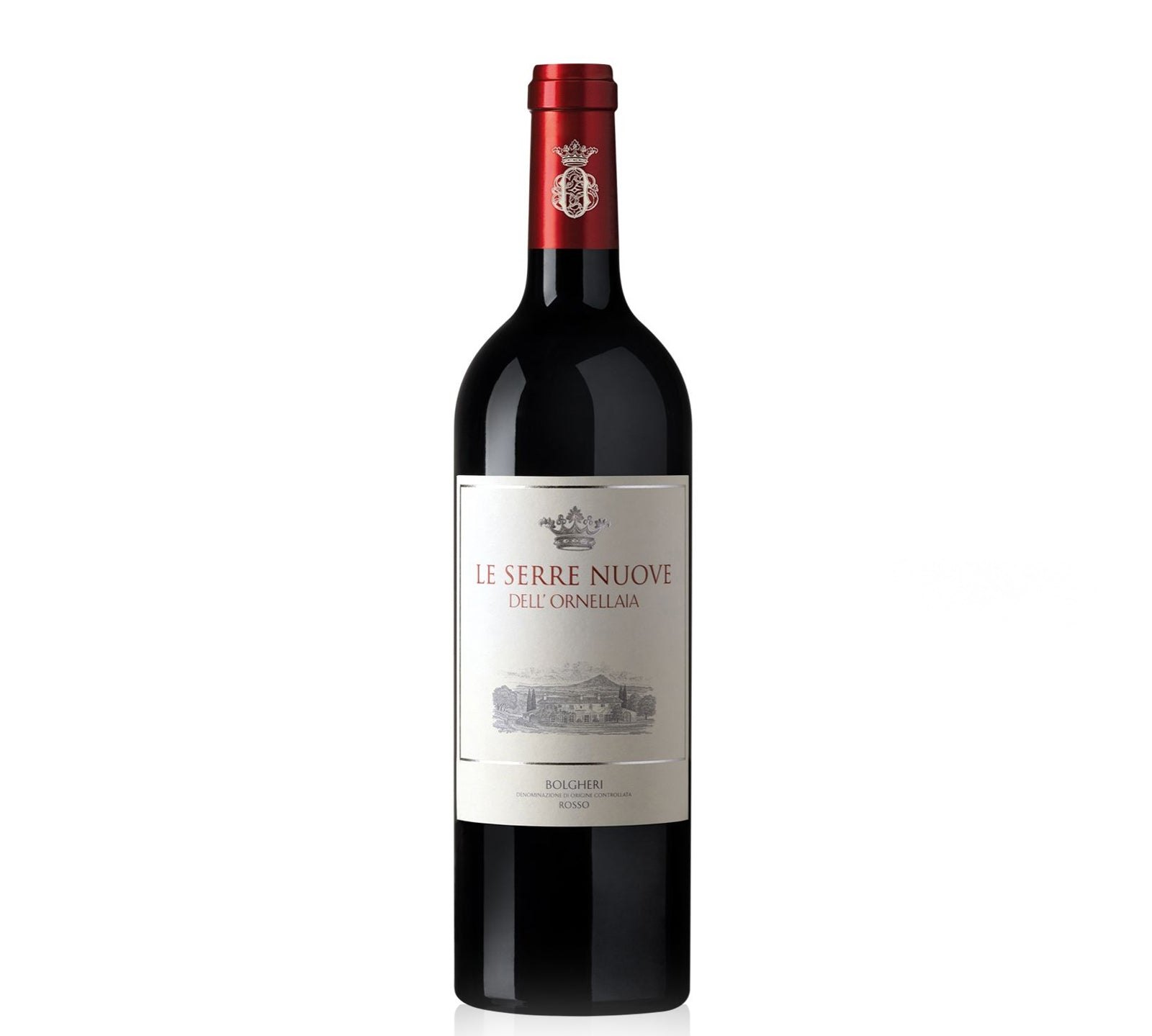 A bottle of Le Serre Nuove dell'Ornellaia red wine with a label that includes the name of the wine and the percentage of each grape varietal in the blend. The bottle is upright and has a cork closure.