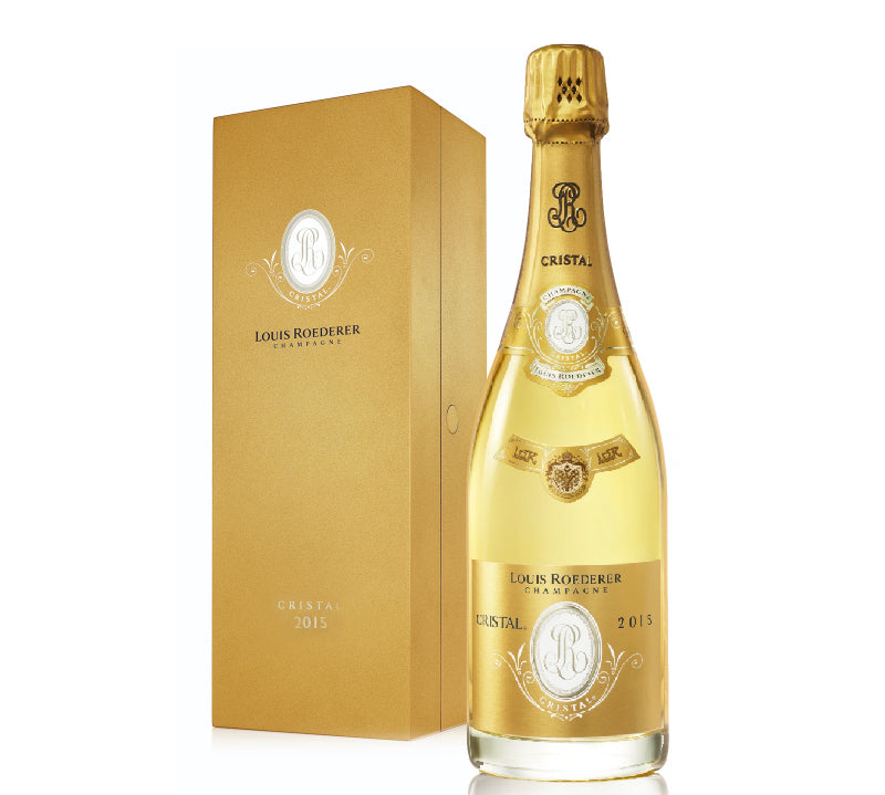 A bottle of Louis Roederer Champagne Cristal Brut 2015 with its packaging box.