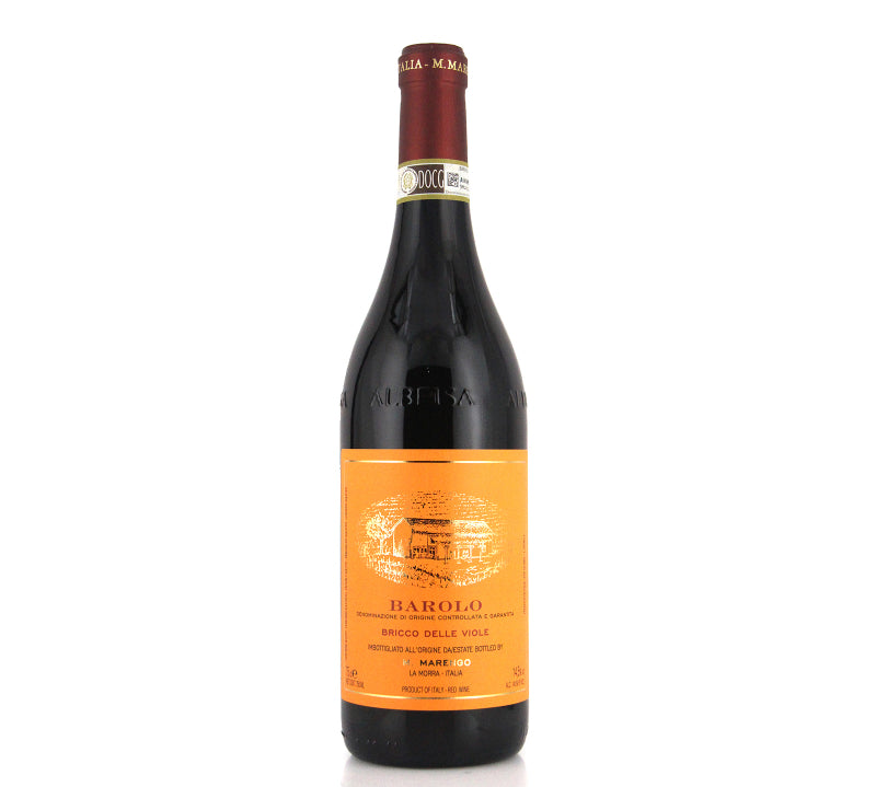 A bottle of M Marengo Barolo Bricco Viole DOCG red wine with an orange label.