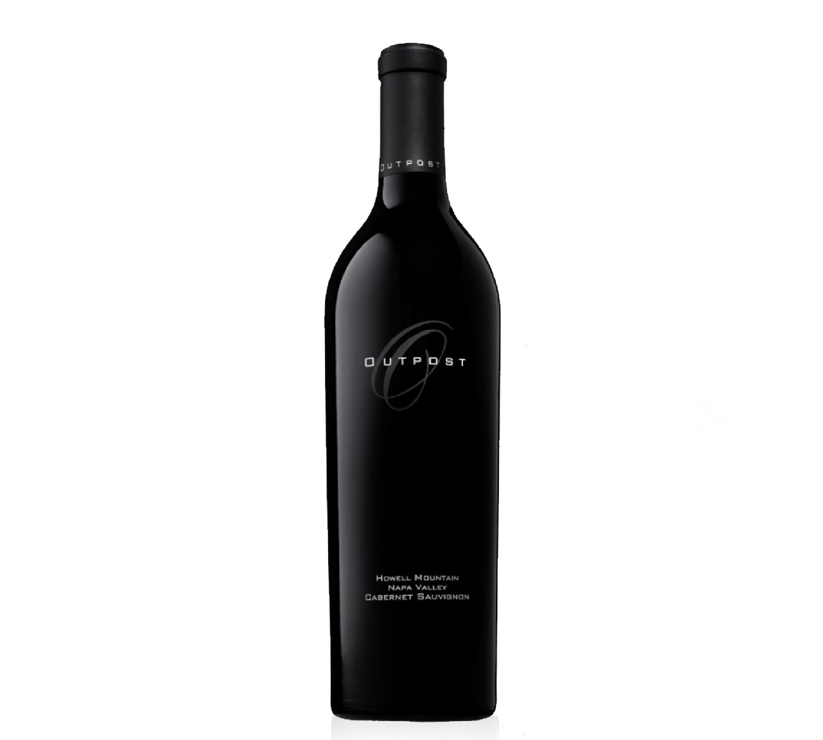 A bottle of Outpost Cabernet Sauvignon 2019 wine with a black label on a white background.