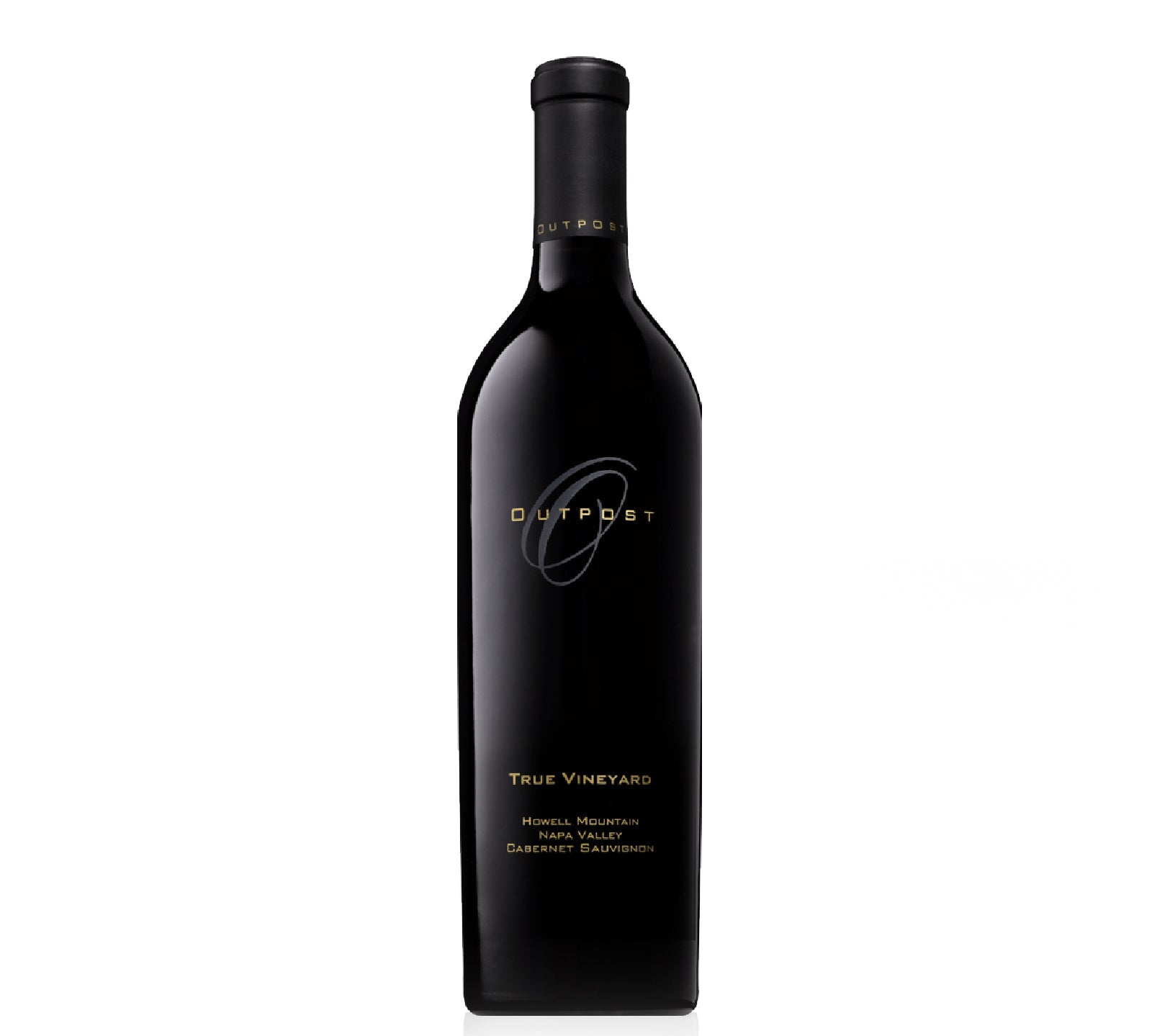 A bottle of Outpost True Vineyard Cabernet Sauvignon 2021 wine with a dark label.