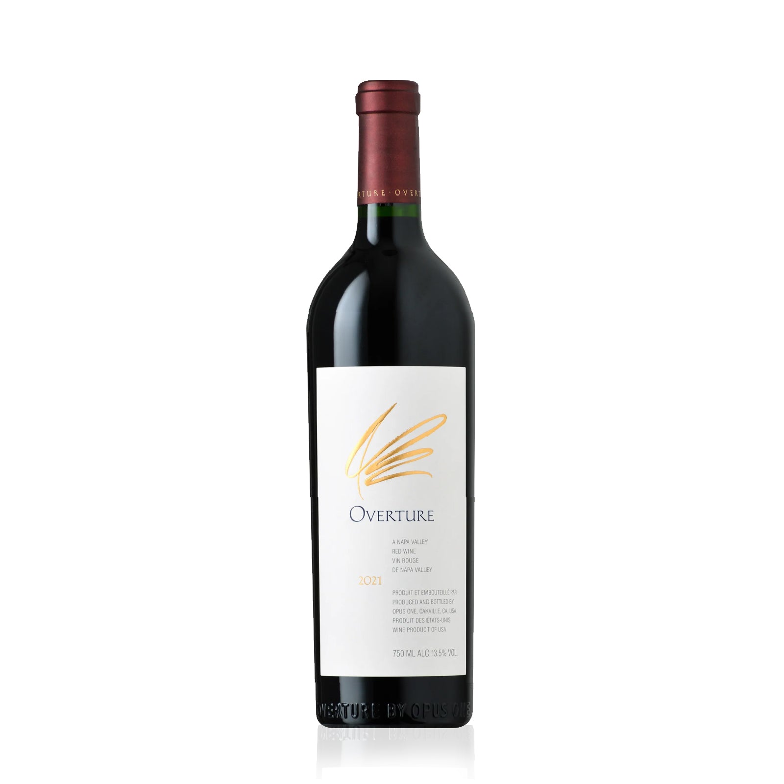 Red wine bottle with 'Overture' label on a white background