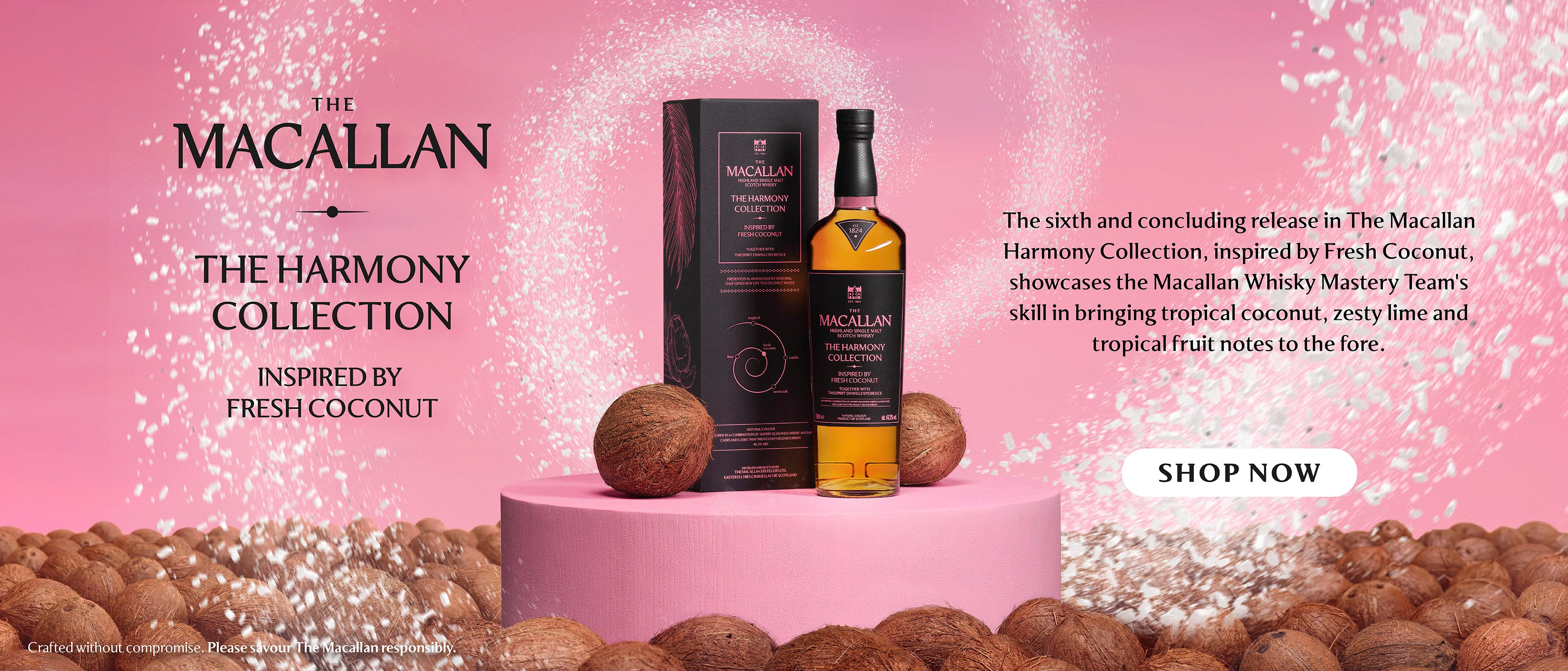 Macallan The Harmony Collection whisky bottle and box displayed on a pink pedestal with coconut props, set against a pink promotional background with product text and a 'SHOP NOW' button.