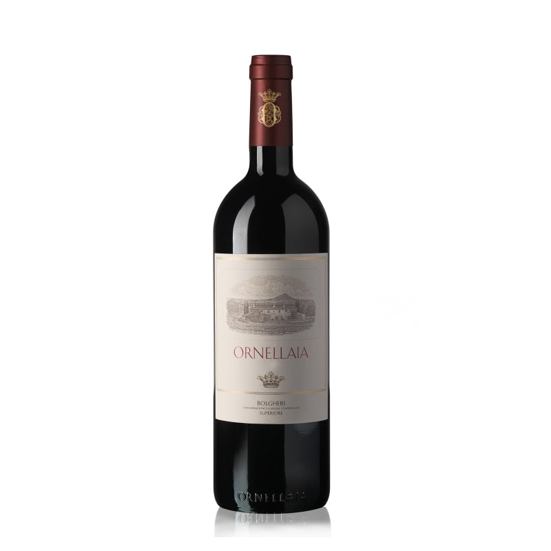 A bottle of Tenuta Dell'Ornellaia Ornellaia Bolgheri Superiore wine with a label and cork visible.