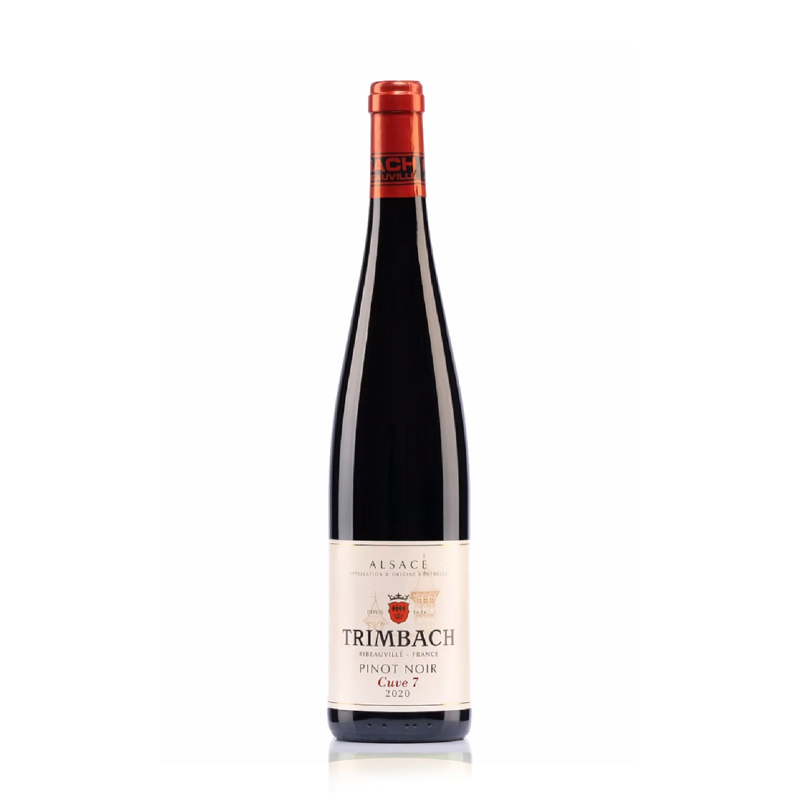Red wine of Trimbach Pinot Noir Cuvee 7 2020 bottle with a white label on a white background