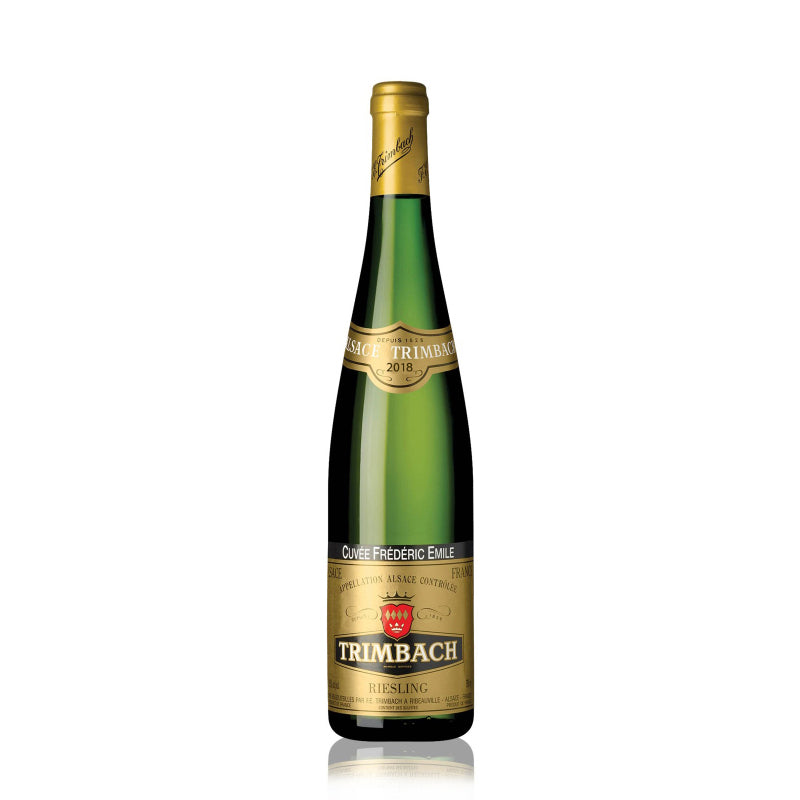 Bottle of Trimbach Riesling Cuvee Frederic Emile 2018 wine with a green tint and a label featuring the Trimbach logo and the name of the wine.