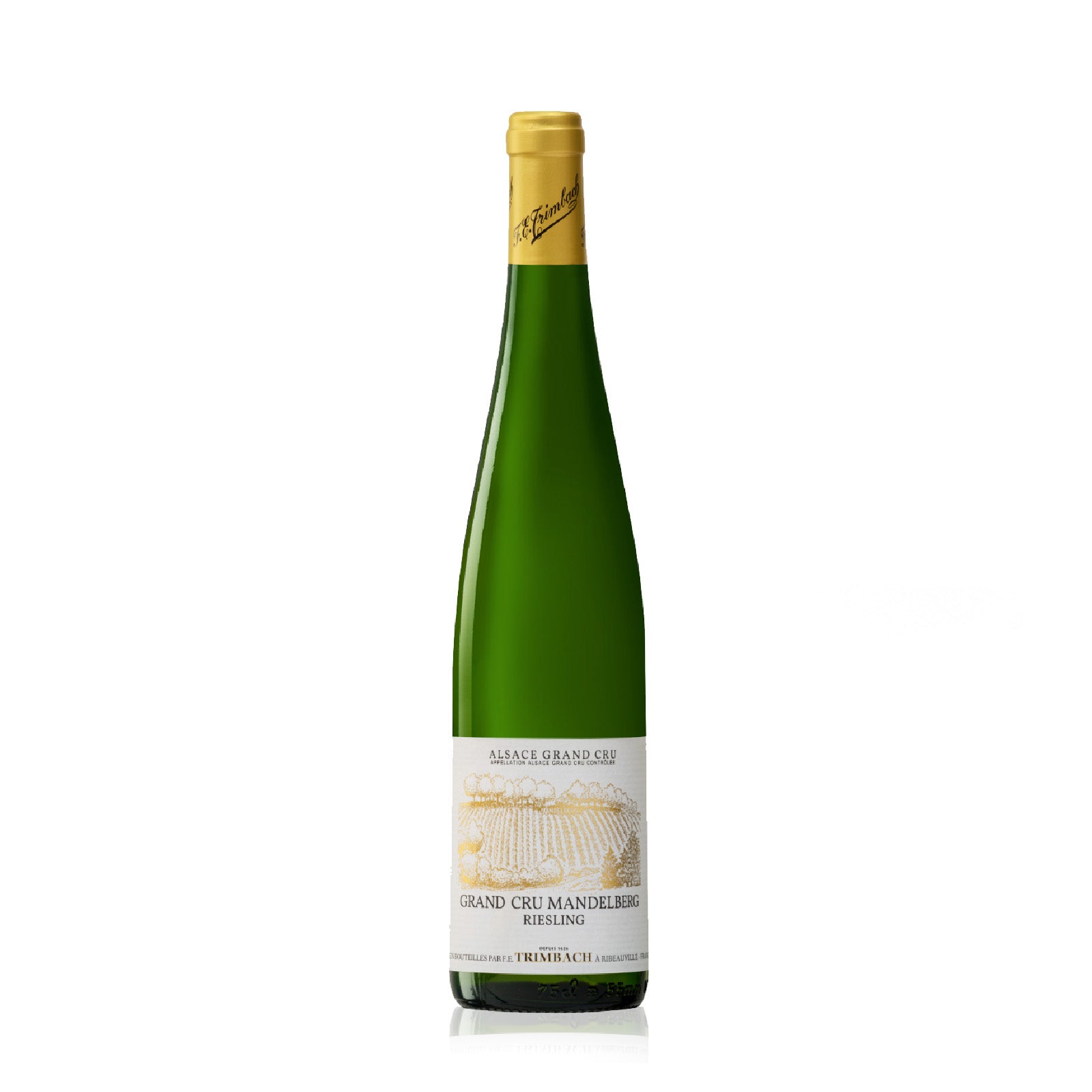 Wine bottle of Trimbach Grand Cru Mandelberg Riesling with green label on a white background.