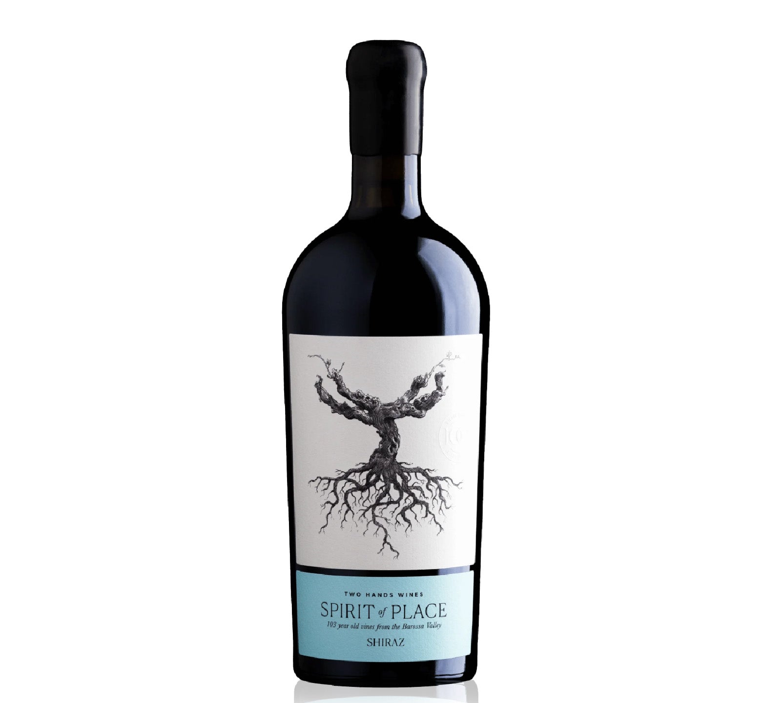 Wine bottle of Two Hands Wines Spirit of Place with a label featuring a tree design on a white background
