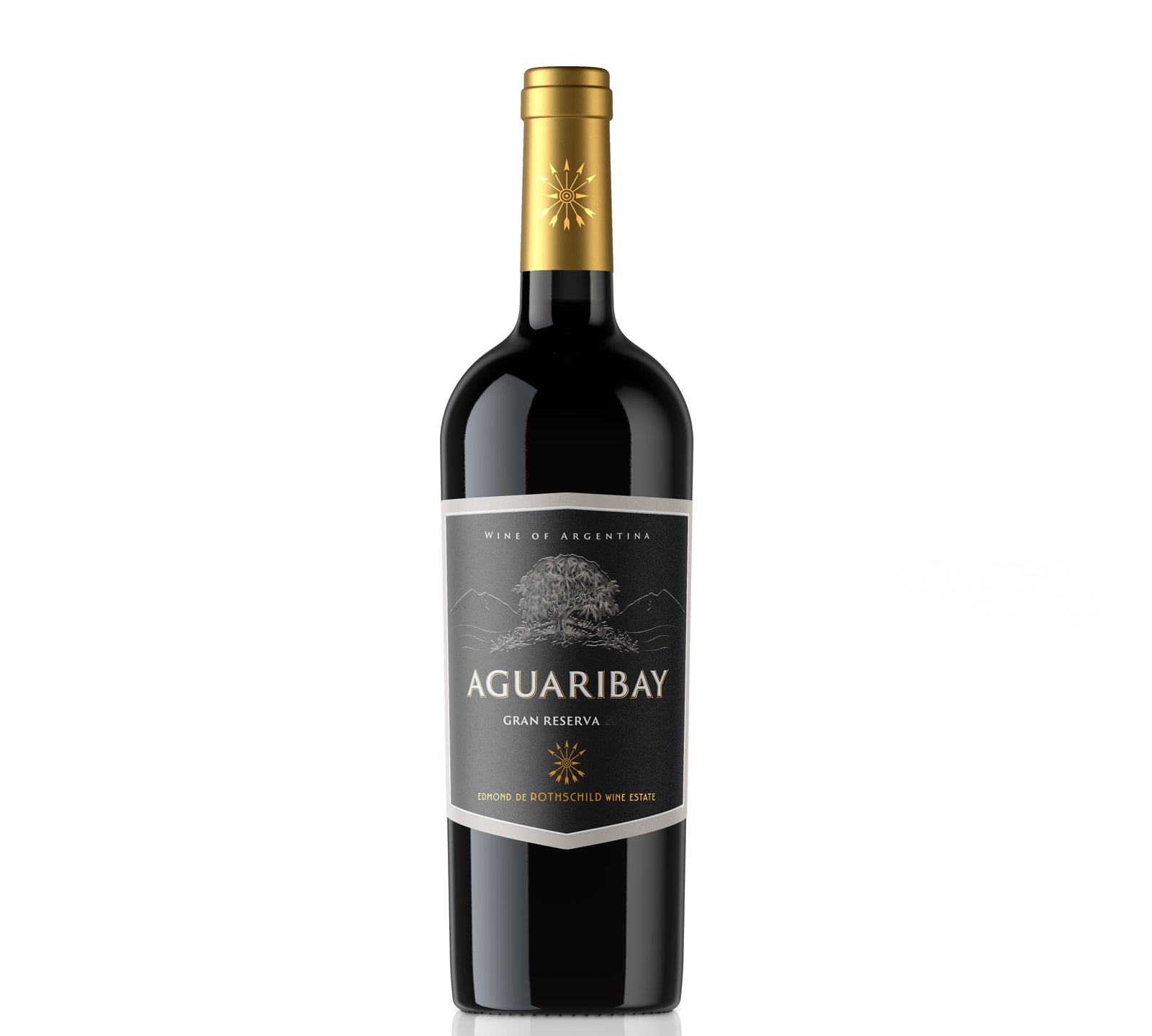 Bottle of Aguaribay Gran Reserva Malbec by Rothschild wine with a dark label and gold foil on the cap.