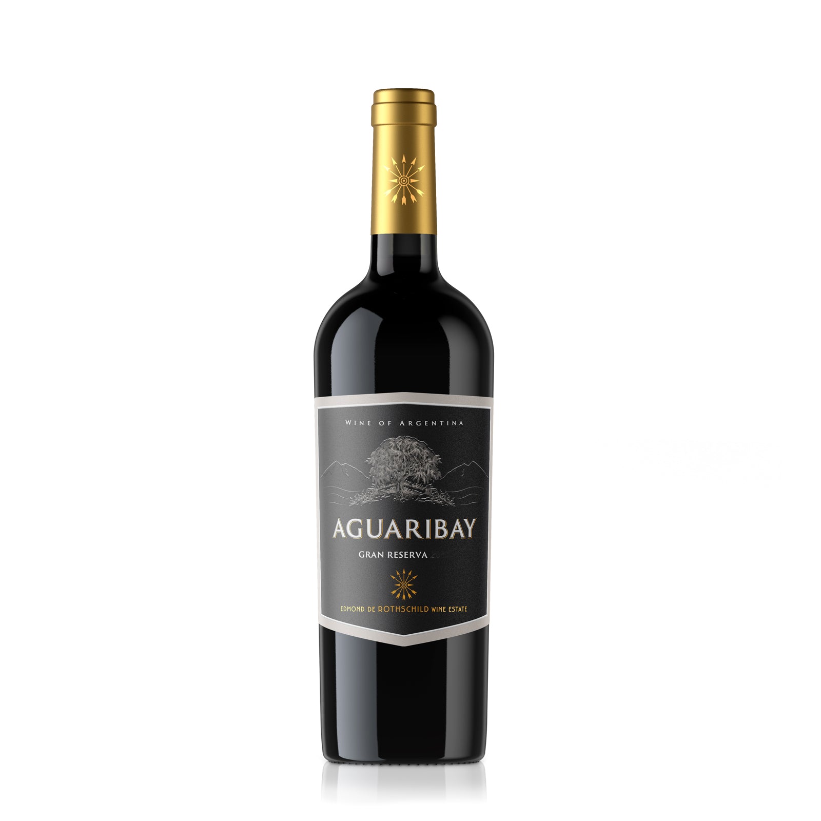 Bottle of Aguaribay Gran Reserva Malbec by Rothschild wine with a dark label and gold foil on the cap.
