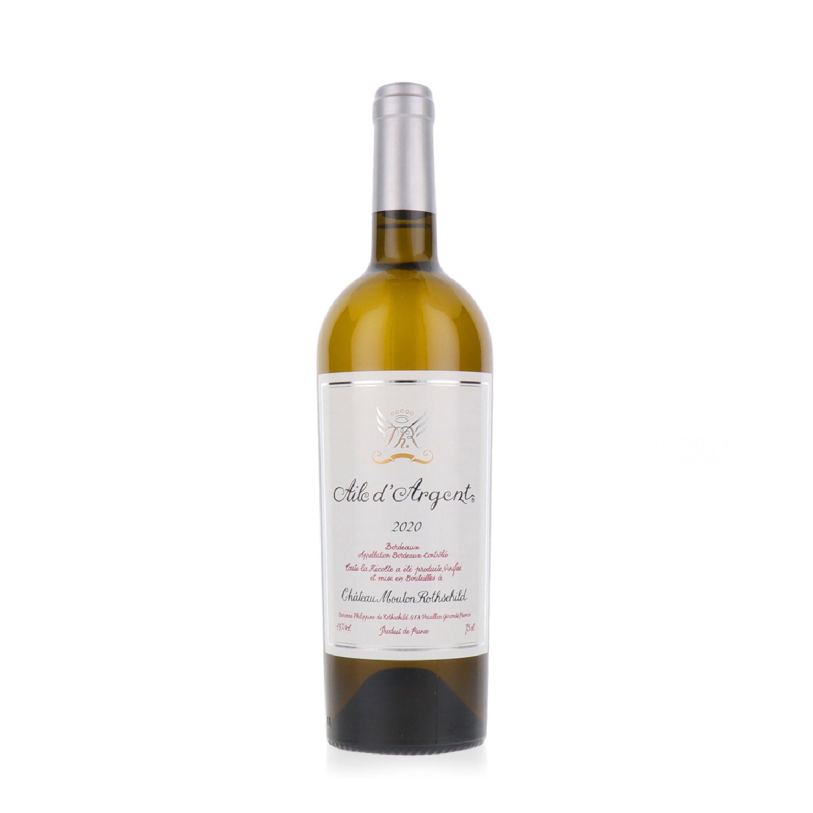 A bottle of Aile D'Argent by Mouton Rothschild Pauillac 2020 white wine with a label indicating it is 750ml.
