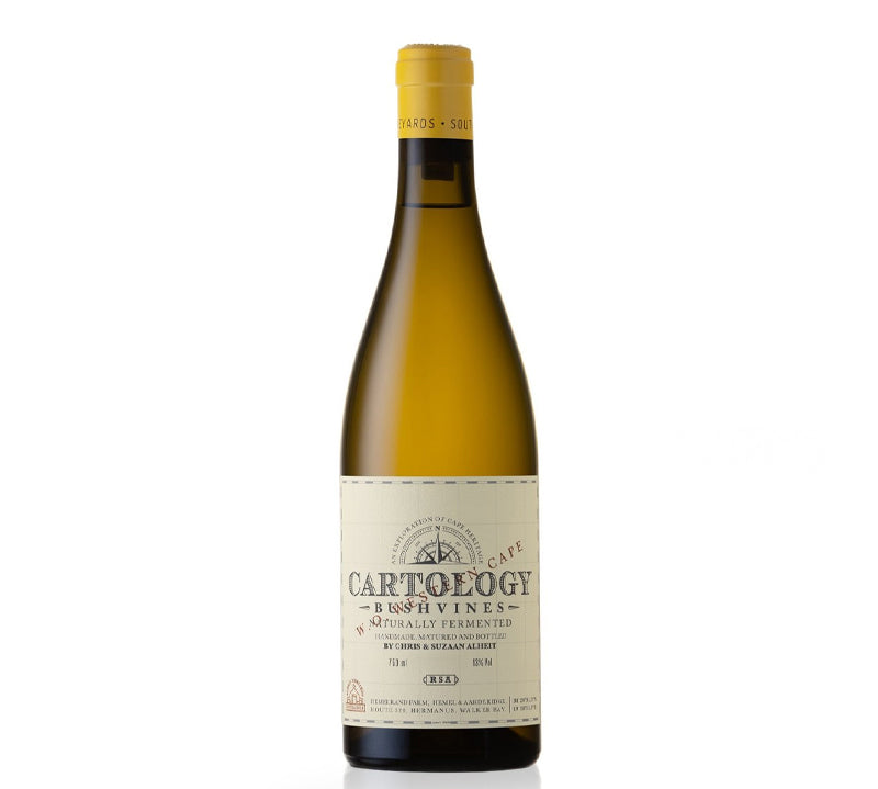 A bottle of Alheit Cartology Western Cape Chenin Blanc wine with a white label on a clear background.