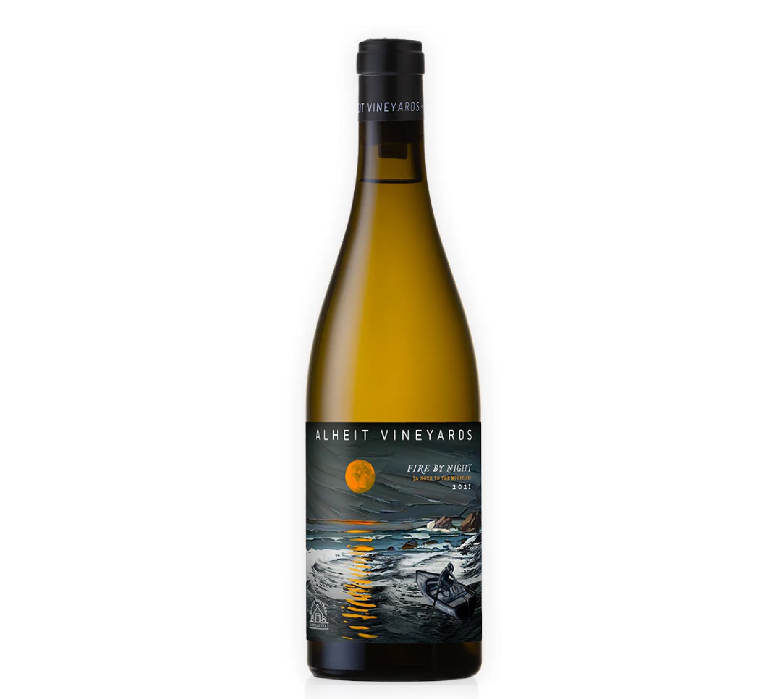 Bottle of Alheit Fire by Night Chenin Blanc 2021 wine with a label depicting a landscape at night