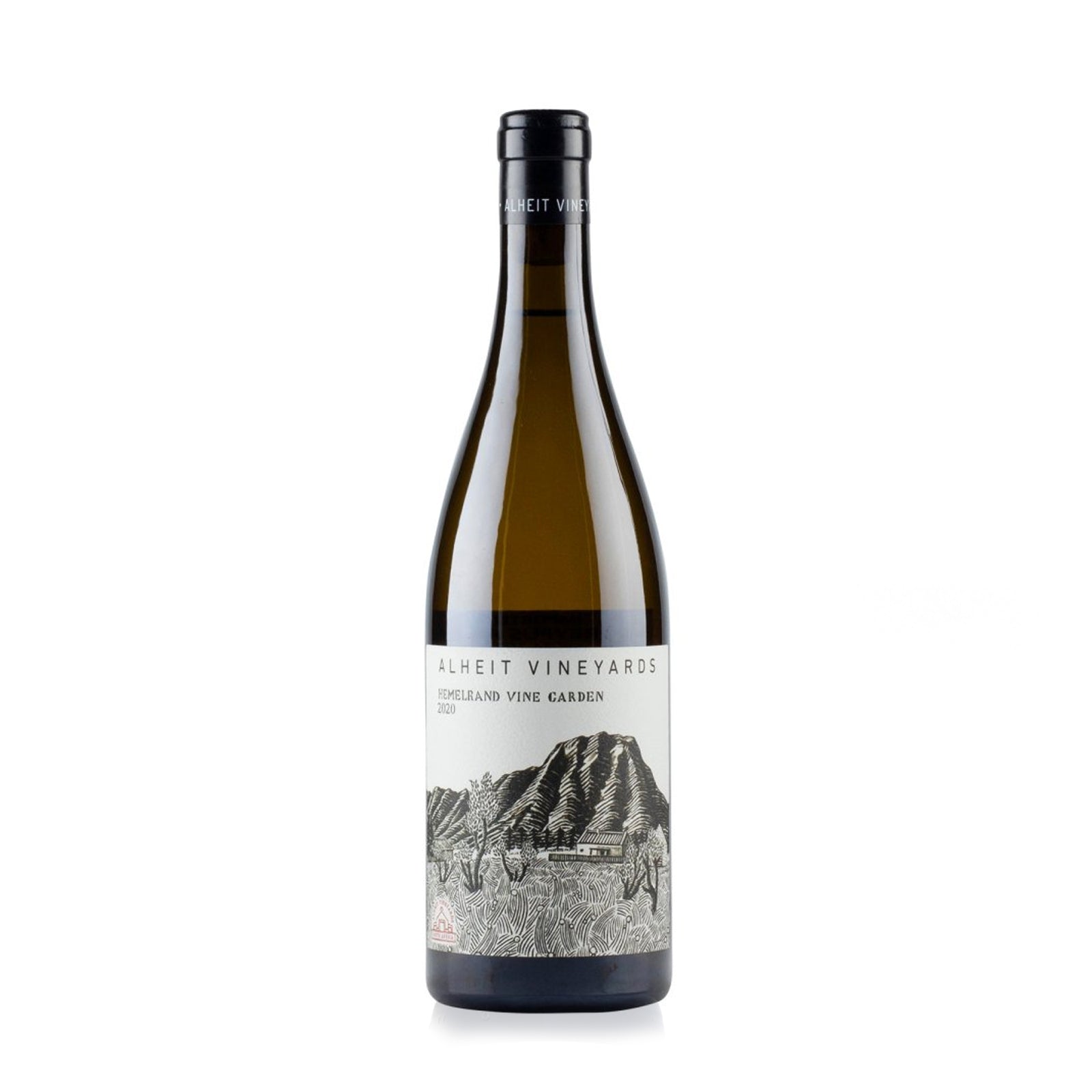 A bottle of Alheit Hemelrand Vine Garden 2020 white wine with a label featuring a mountain range.