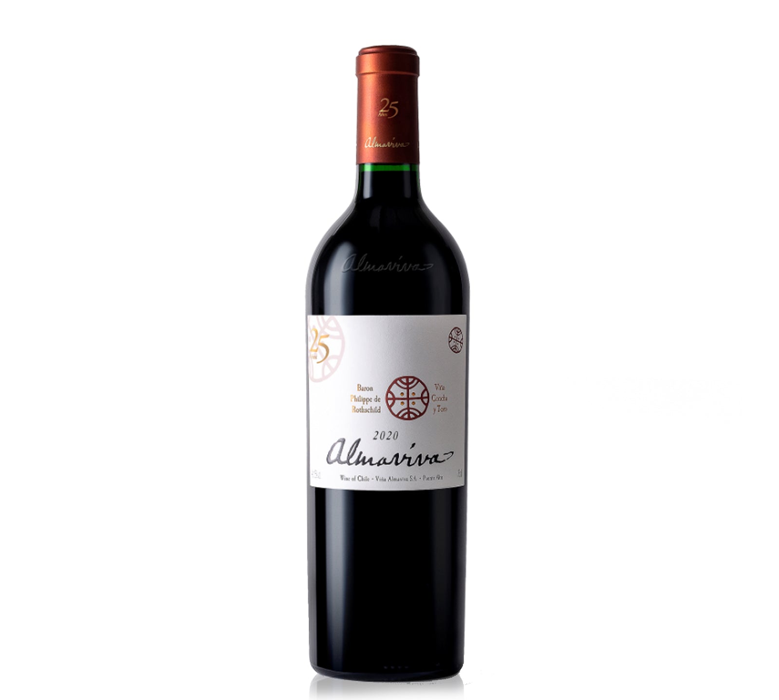 A bottle of Almaviva 2020 red wine with a label, predominantly black and red in color.