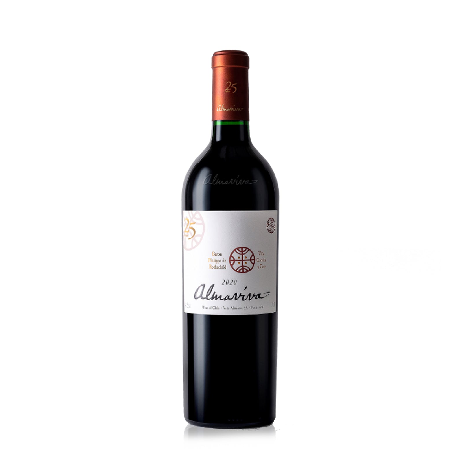 A bottle of Almaviva 2020 red wine with a label, predominantly black and red in color.