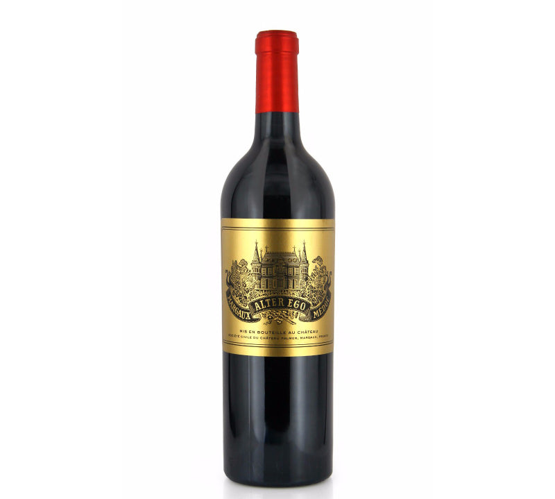 Bottle of Alter Ego de Palmer Margaux wine with a gold label featuring an illustration of the chétou Palmer.