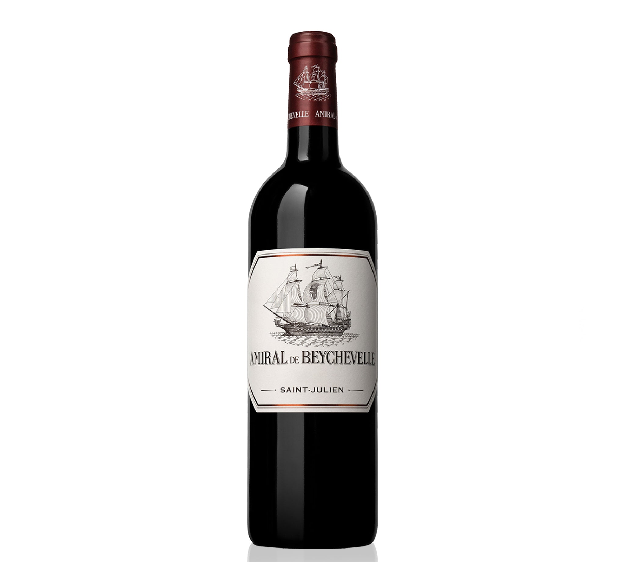 A bottle of Amiral de Beychevelle Saint Julien red wine,