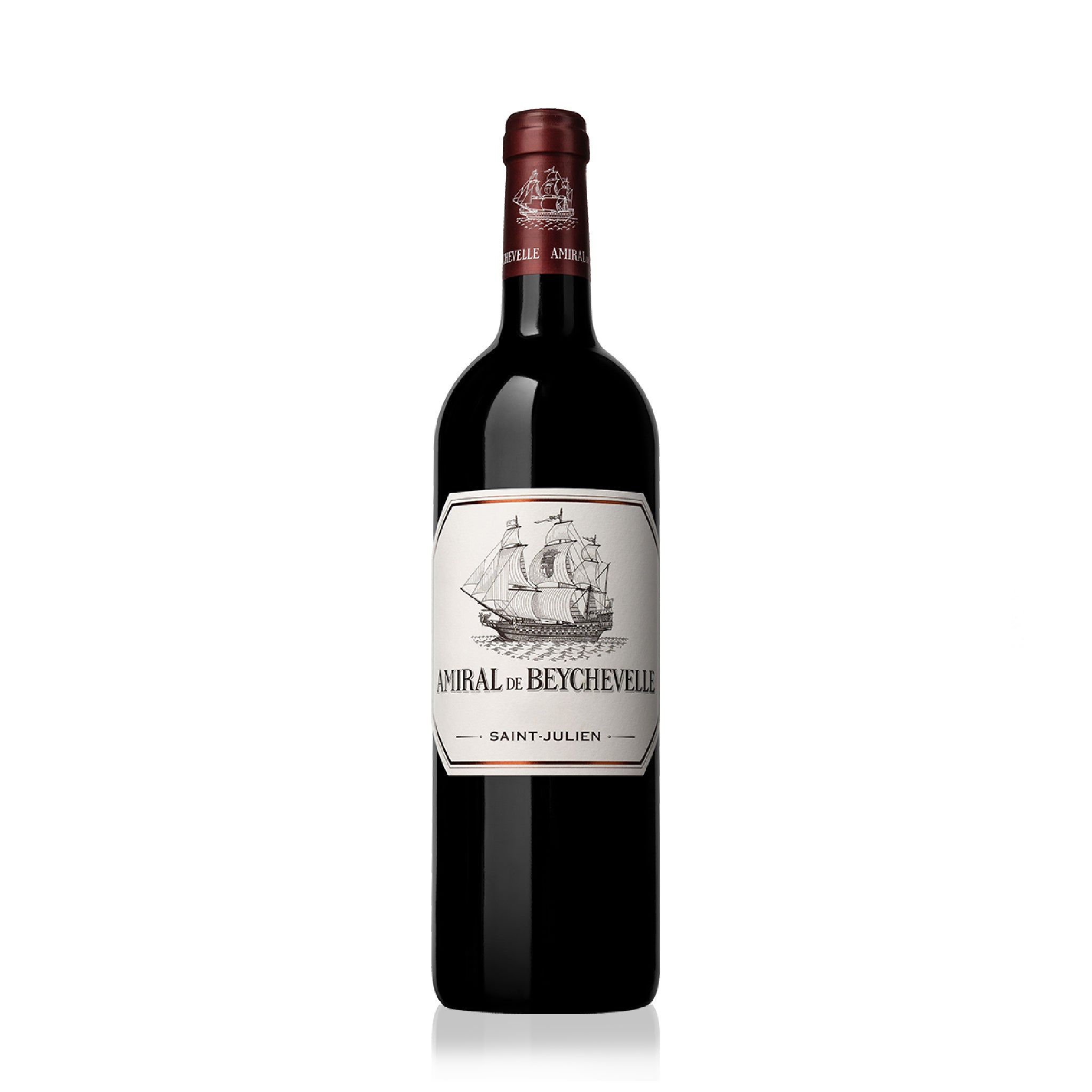 A bottle of Amiral de Beychevelle Saint Julien red wine,